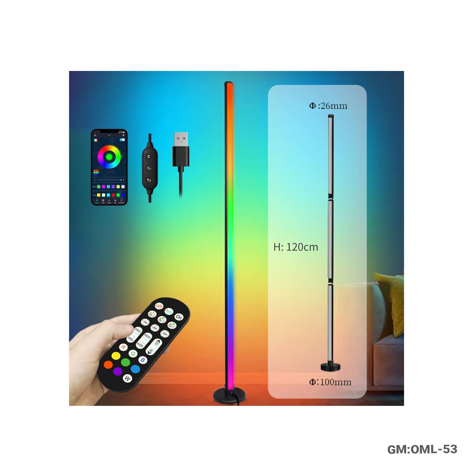 RGB LED Corner Floor Lamp – Color Changing with Remote Control + App + Timer (OML-53)