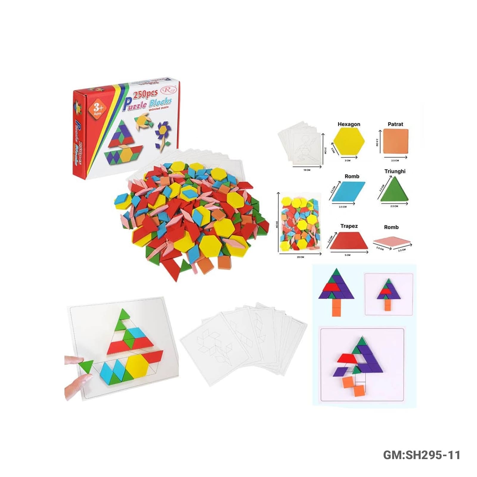 Educational Wooden Tangram Puzzle Set with 250 Geometric Pieces and 10 Worksheets – Creative Learning Game (SH295-11)