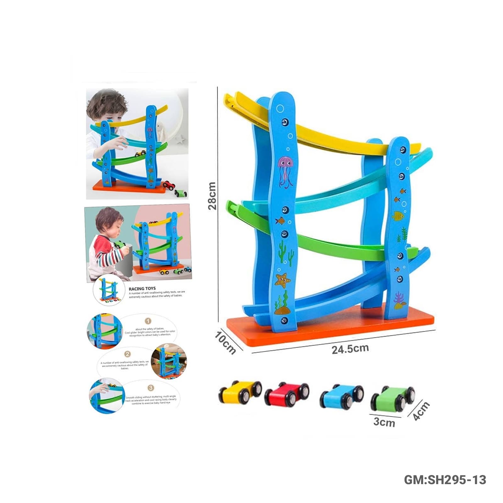 Wooden Car Race Track Slide with Roller Coaster Design – Kids Racing and Motor Skills Toy (SH295-13)
