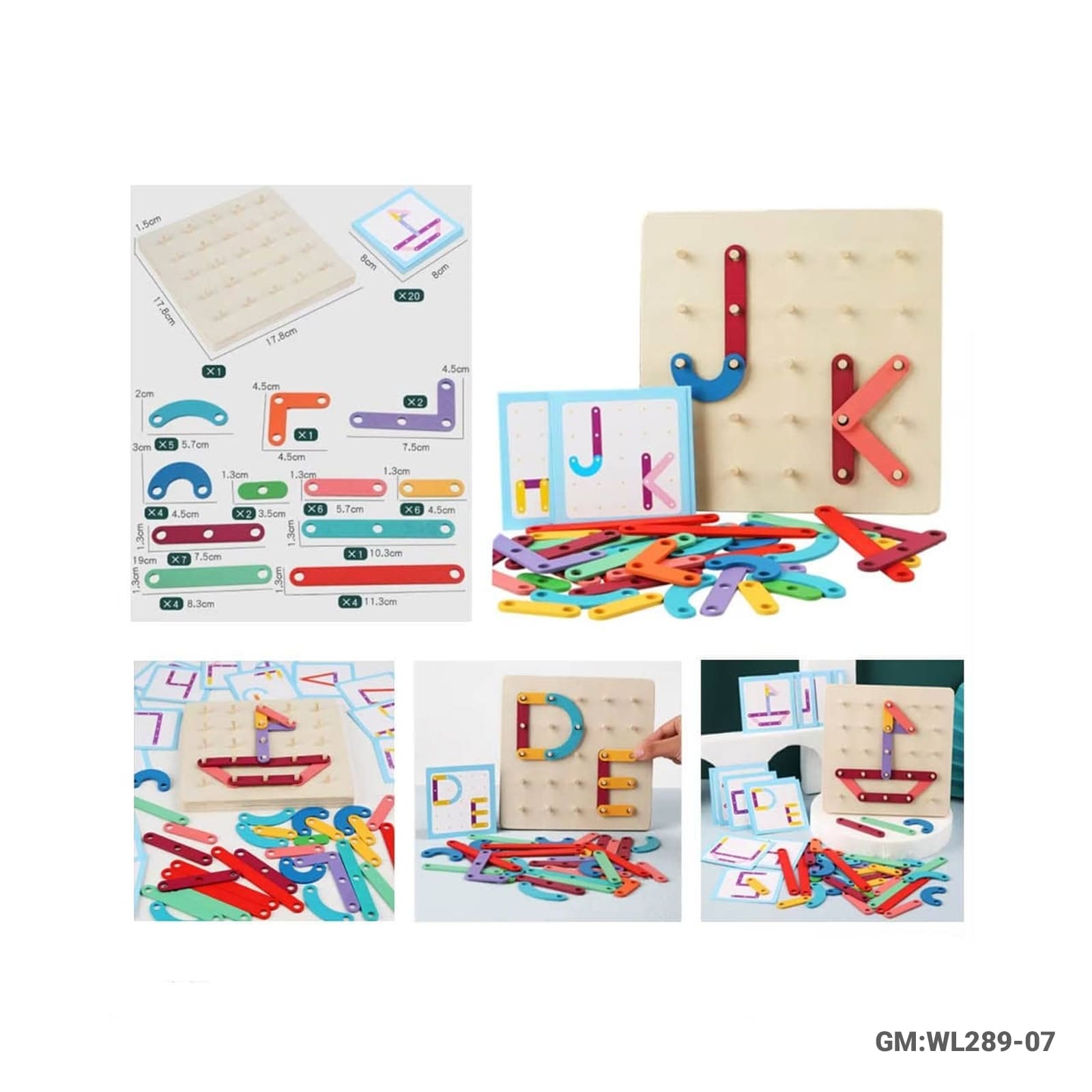 Wooden Geometric Blocks Puzzle Montessori Nail Board – Creative Shape Building Educational Toy (WL289-07)