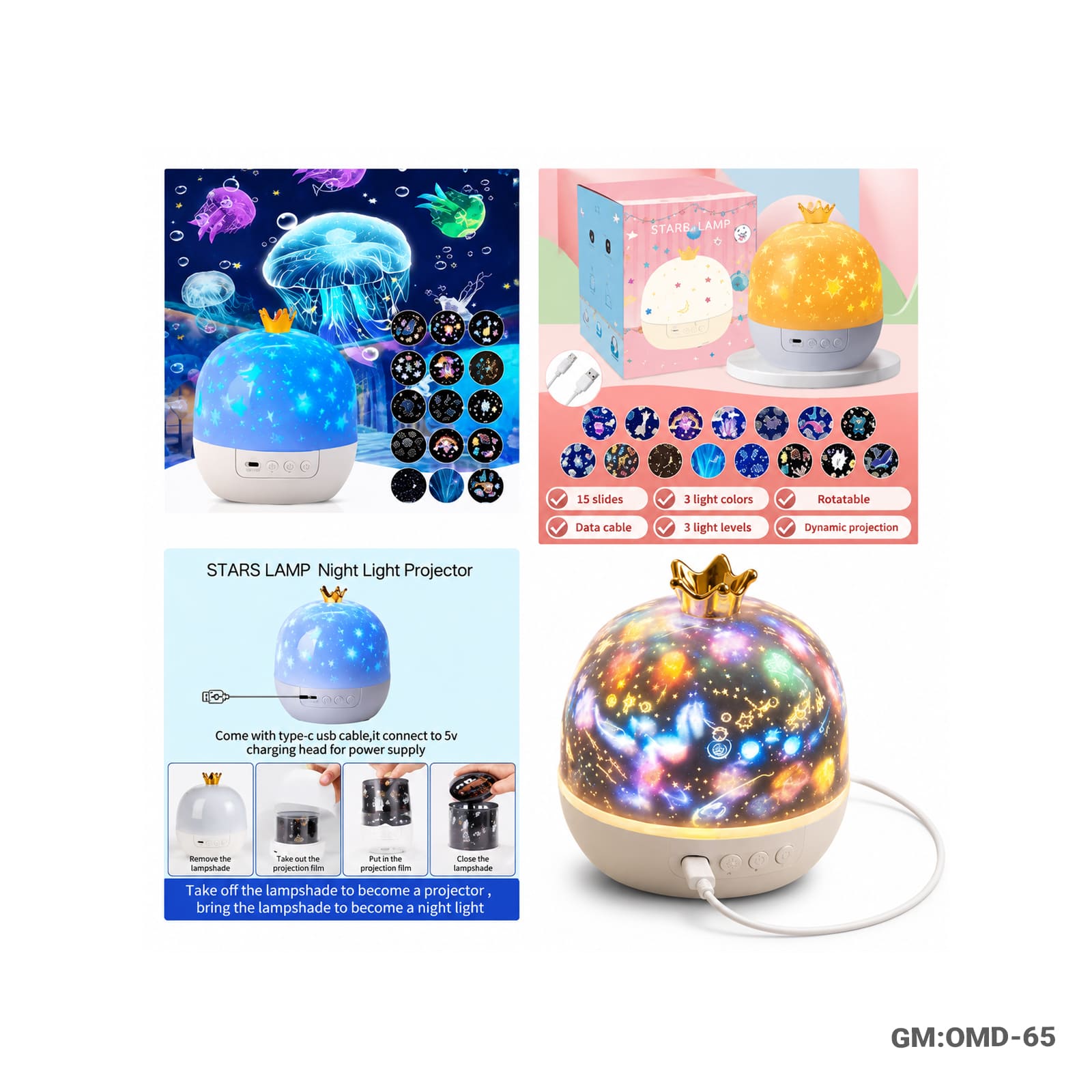 Crown Galaxy Projector Night Light – 21 in 1 Rotating Multi-Color LED Star Lamp with Slides (OMD-65)