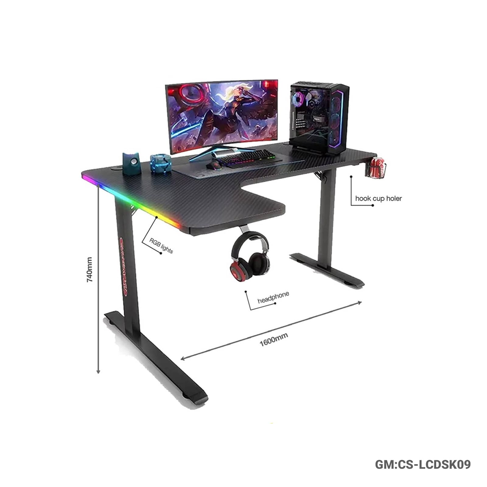 Corner L-Shaped Gaming Desk with RGB Lights | 160cm Gaming Workstation | Cup Holder & Headphone Hook"CS-LCDSK09"