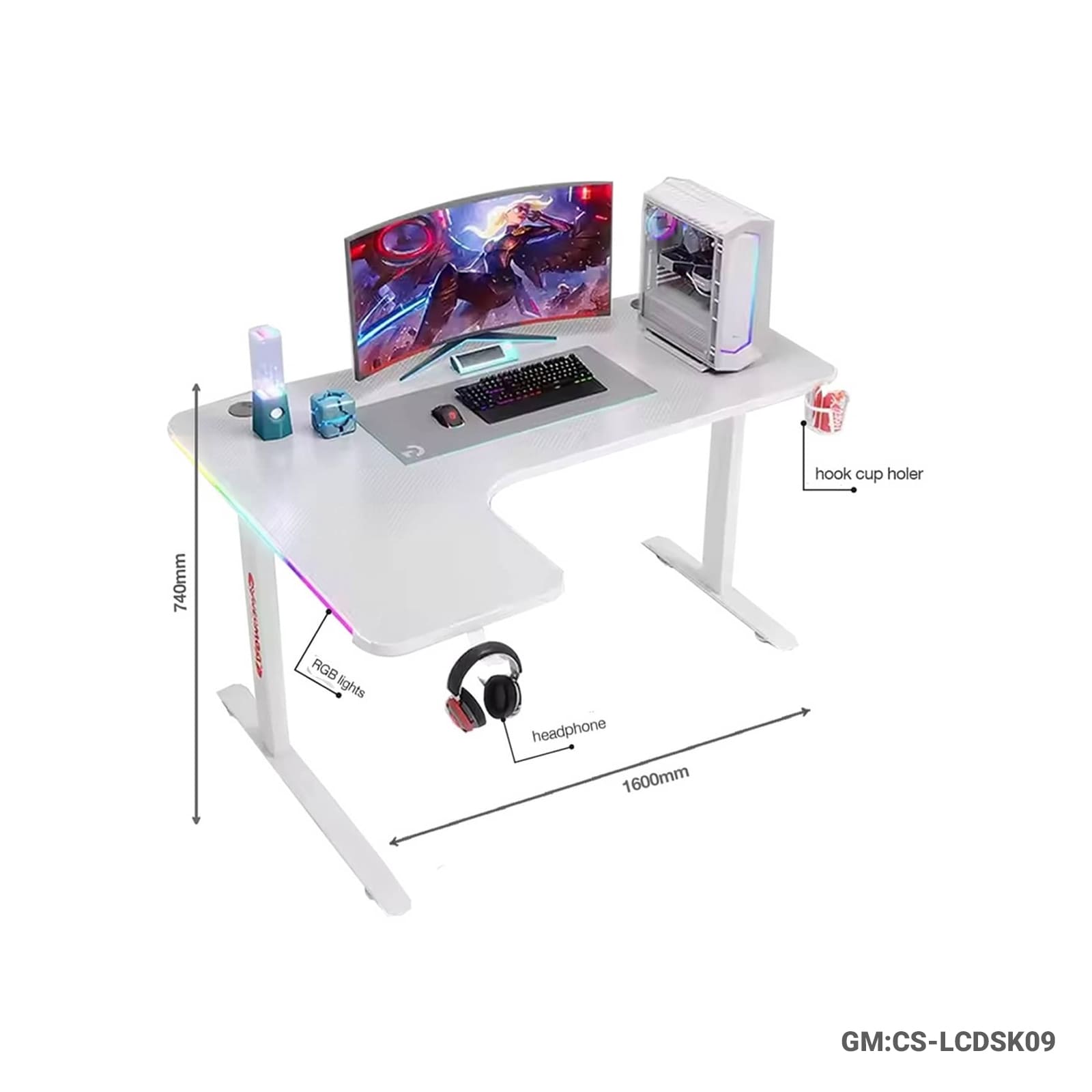 Corner L-Shaped Gaming Desk with RGB Lights | 160cm Gaming Workstation | Cup Holder & Headphone Hook"CS-LCDSK09"