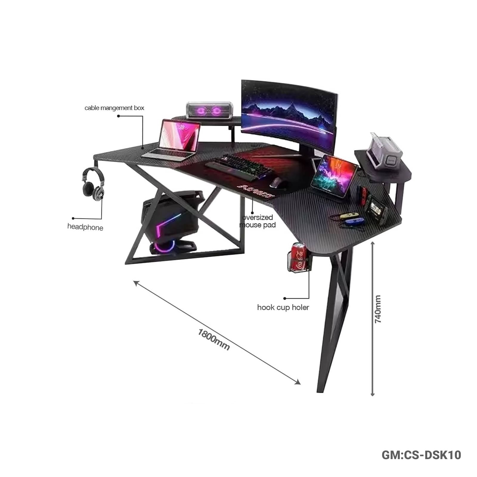 Futuristic L-Shaped Gaming Desk Setup | 180cm Workstation with Oversized Mouse Pad & Accessories "CS-DSK10"
