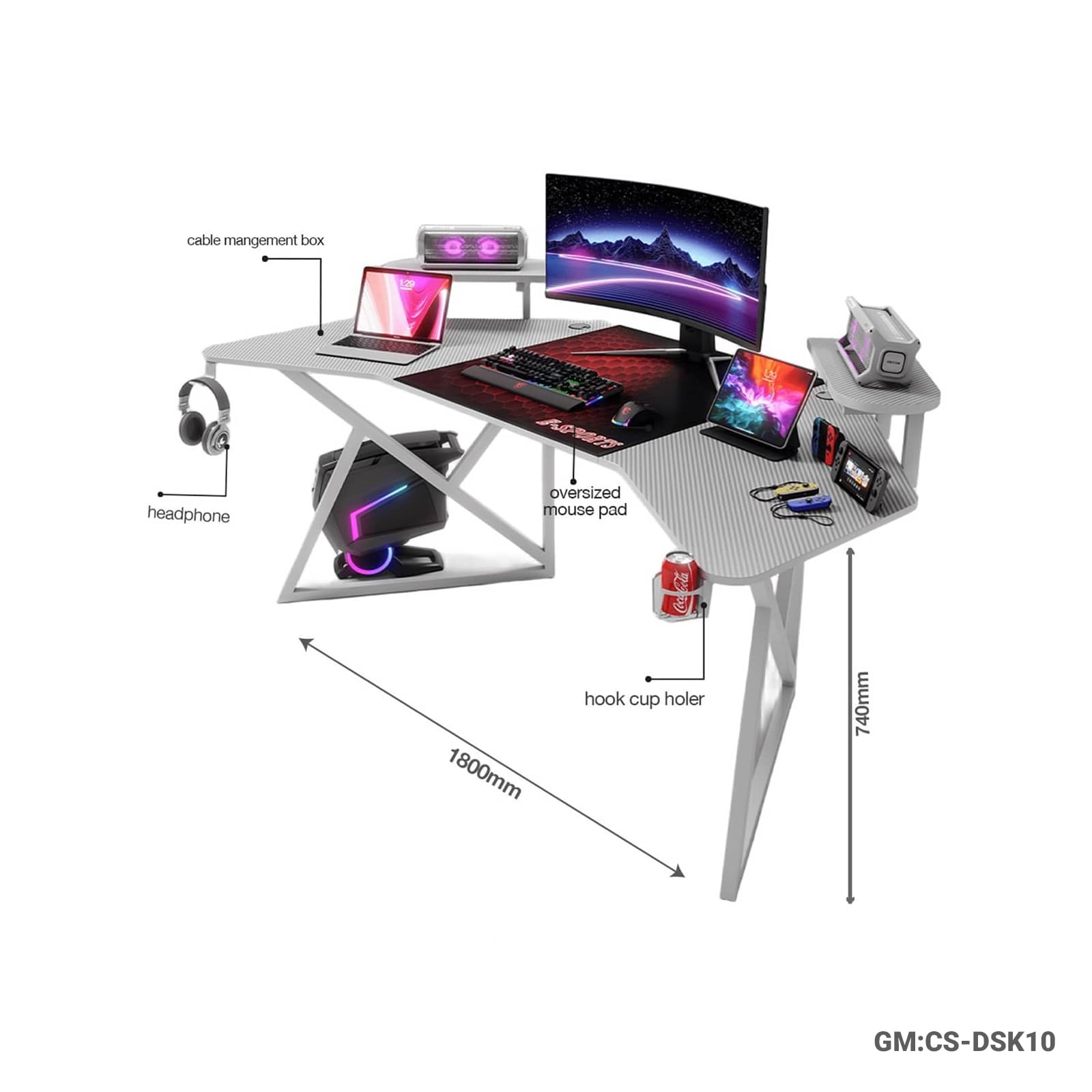 Futuristic L-Shaped Gaming Desk Setup | 180cm Workstation with Oversized Mouse Pad & Accessories "CS-DSK10"