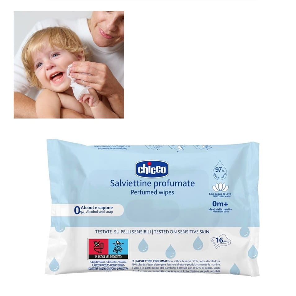Chicco Perfumed Baby Wipes with Lotus Water Alcohol & Soap Free 16PCS for Sensitive Skin from Birth (C120502)