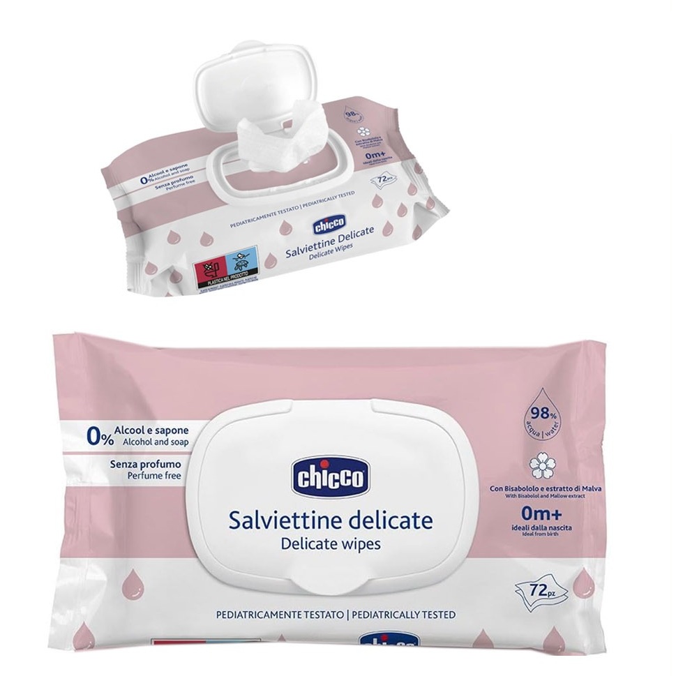 Chicco Delicate Baby Wipes with Bisabolol and Mallow Extract Perfume Free 72PCS with Flip Cover for Sensitive Skin 0m+ (C120506)