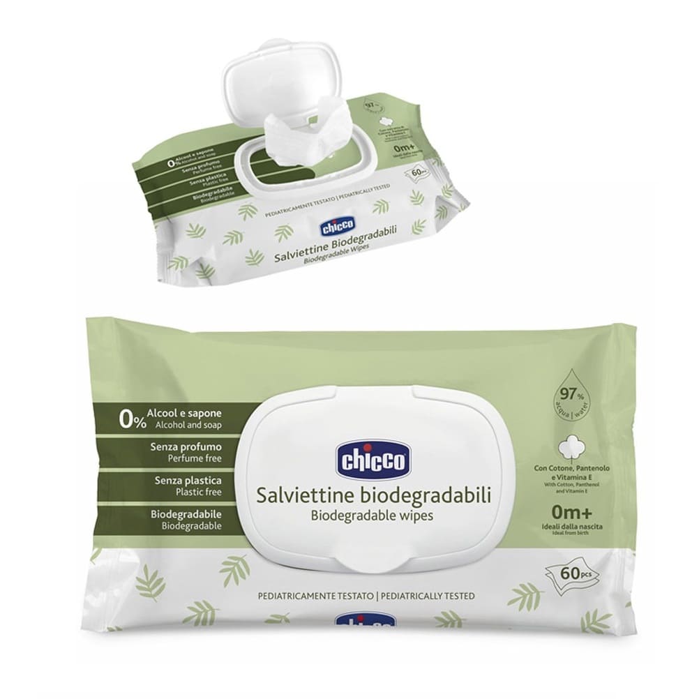 Chicco Biodegradable Baby Wipes with Panthenol, Vitamin E and Cotton Extract Perfume Free 60PCS with Flip Cover 0m+ (C120507)