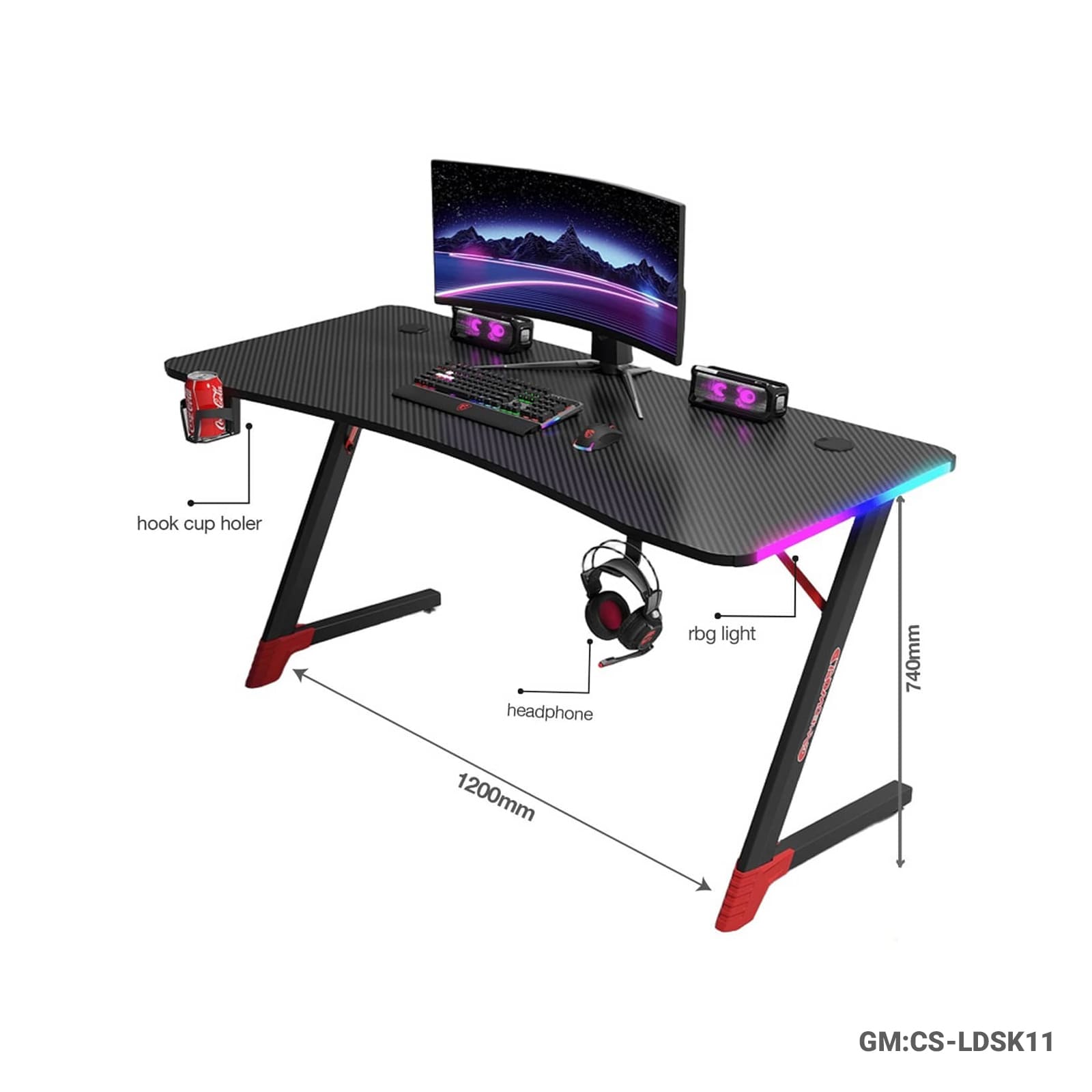 Z-Shaped Gaming Desk with RGB Lights | 120cm Gaming Table with Headphone & Cup Holder "CS-LDSK11"