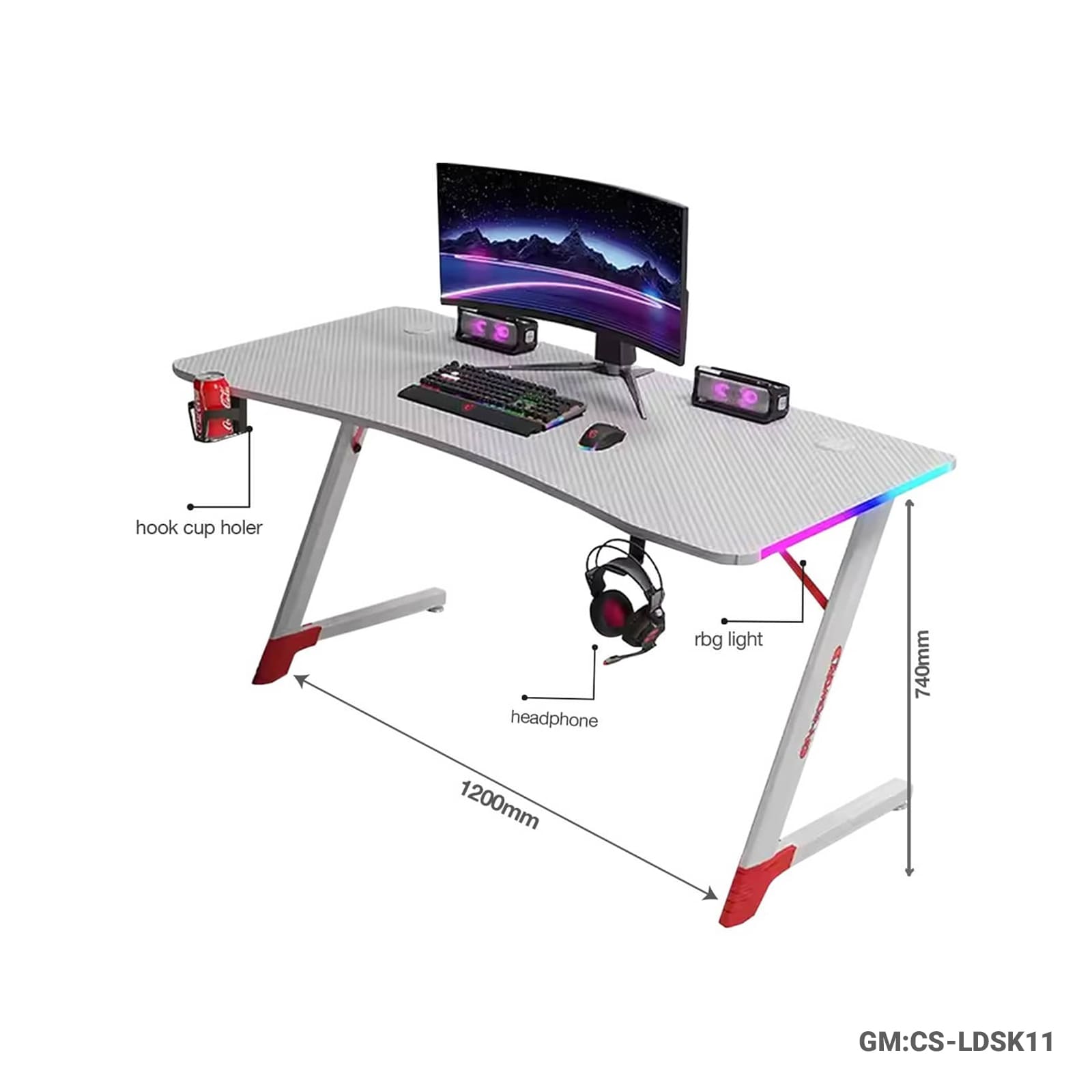 Z-Shaped Gaming Desk with RGB Lights | 120cm Gaming Table with Headphone & Cup Holder "CS-LDSK11"