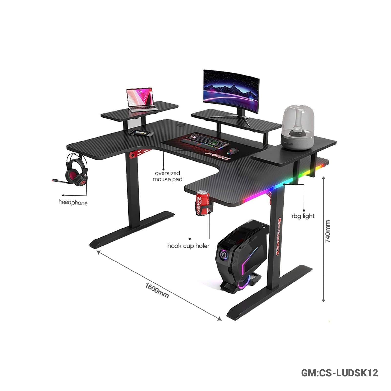 Racing-Inspired RGB Gaming Desk | 160cm Gaming Workstation with Multi-Level Shelves "CS-LUDSK12"
