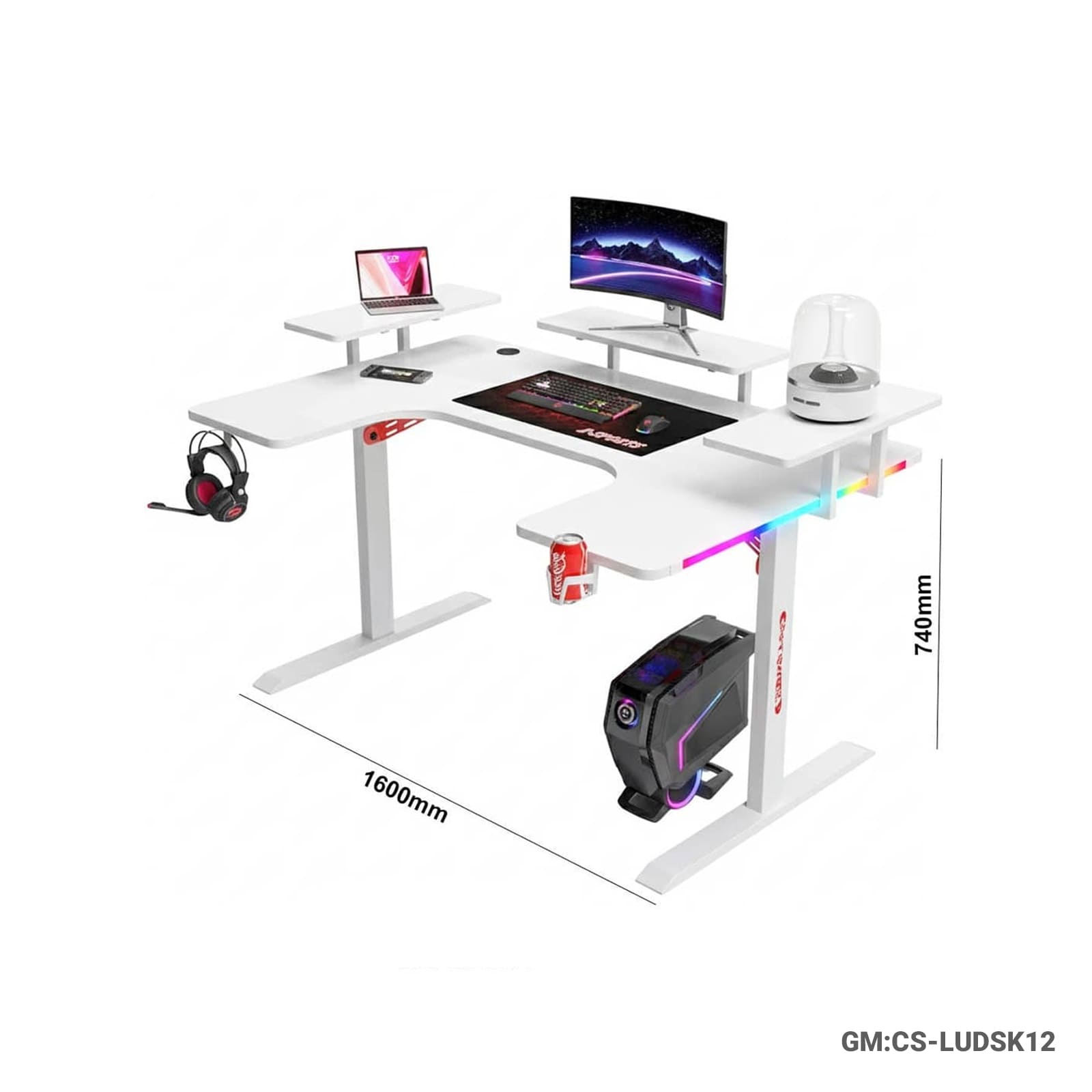 Racing-Inspired RGB Gaming Desk | 160cm Gaming Workstation with Multi-Level Shelves "CS-LUDSK12"