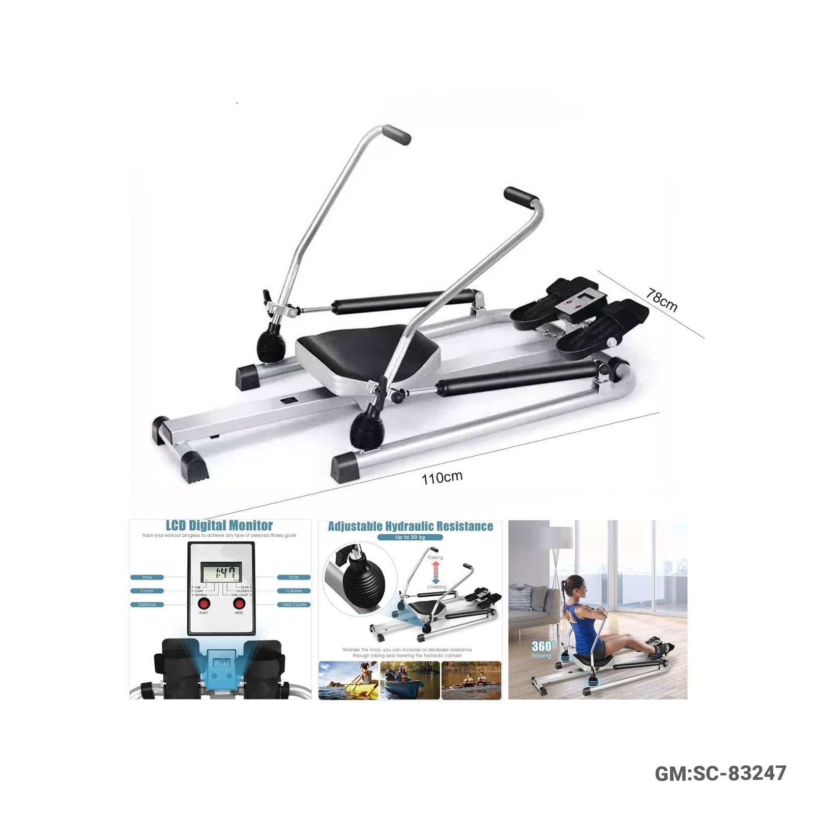 Hydraulic Rowing Machine – Full Motion Rower with LCD Monitor (Adjustable Resistance)"SC-83247"