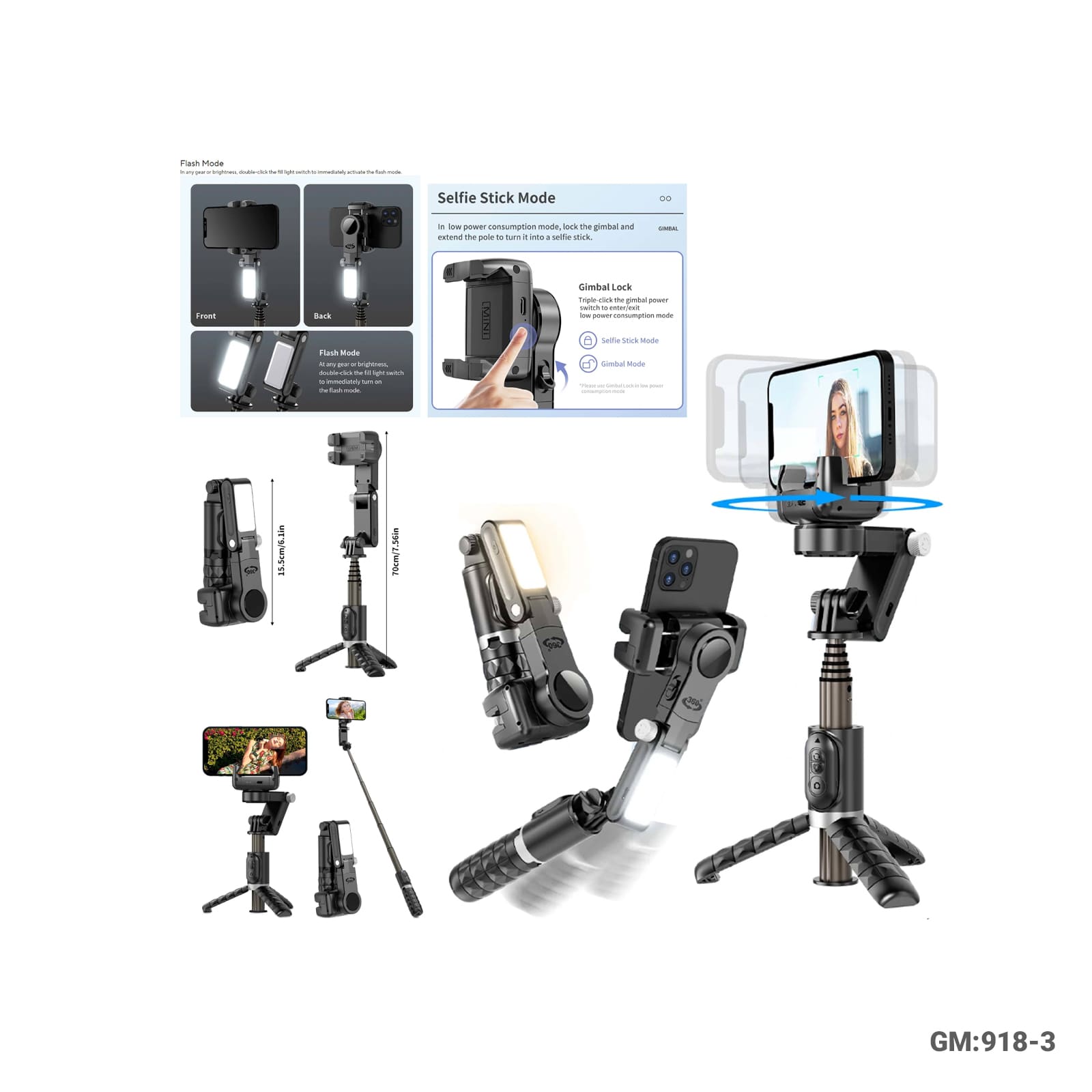 Gimbal Stabilizer 360° Rotation Selfie Stick Tripod "918-3"