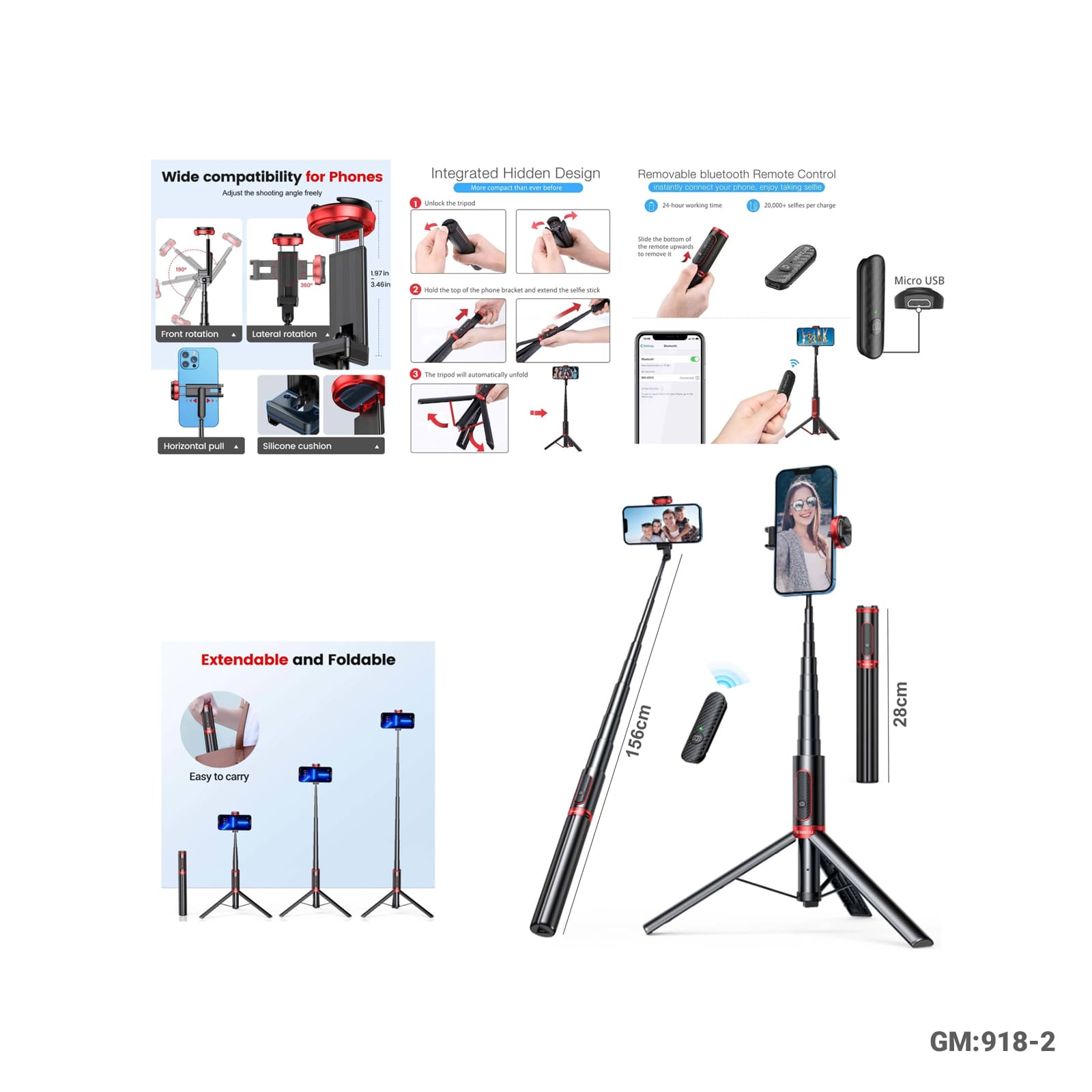 Aluminum 1.5m Extendable Phone Tripod Selfie Stick with Wireless Bluetooth Controller "918-2"