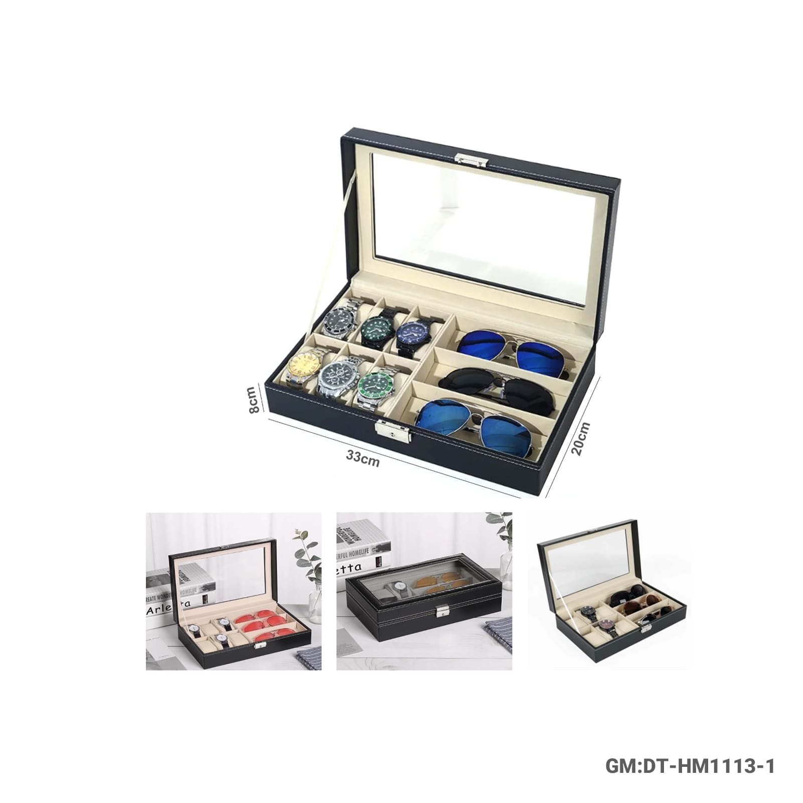 صندوق ساعات جلد PU بـ 6 فتحات + حافظة نظارات 3 فتحات مع غطاء شفاف "DT-HM1113-1"