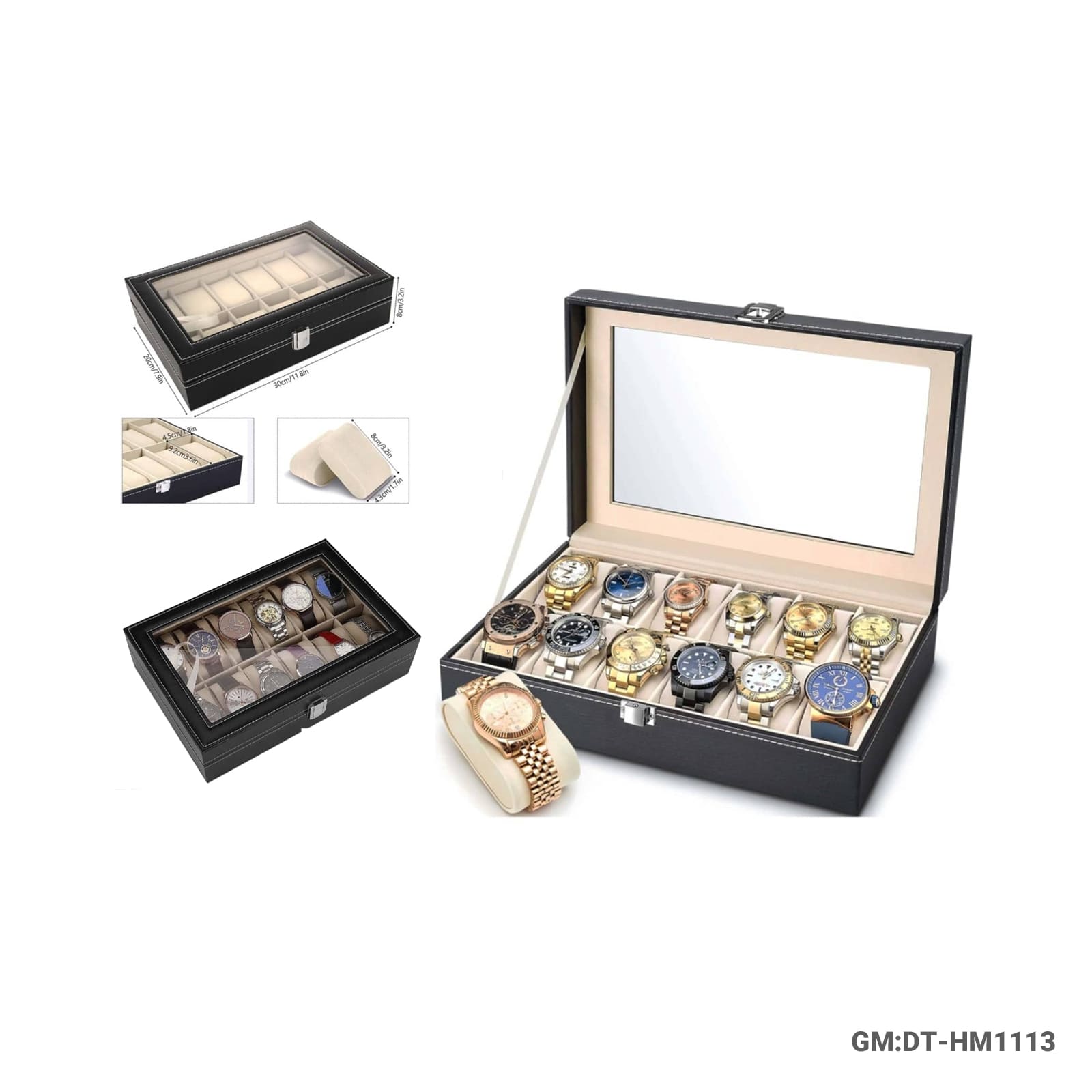 PU Leather Watch Box 12 Slots Storage Case with Glass Lid "DT-HM1113 "