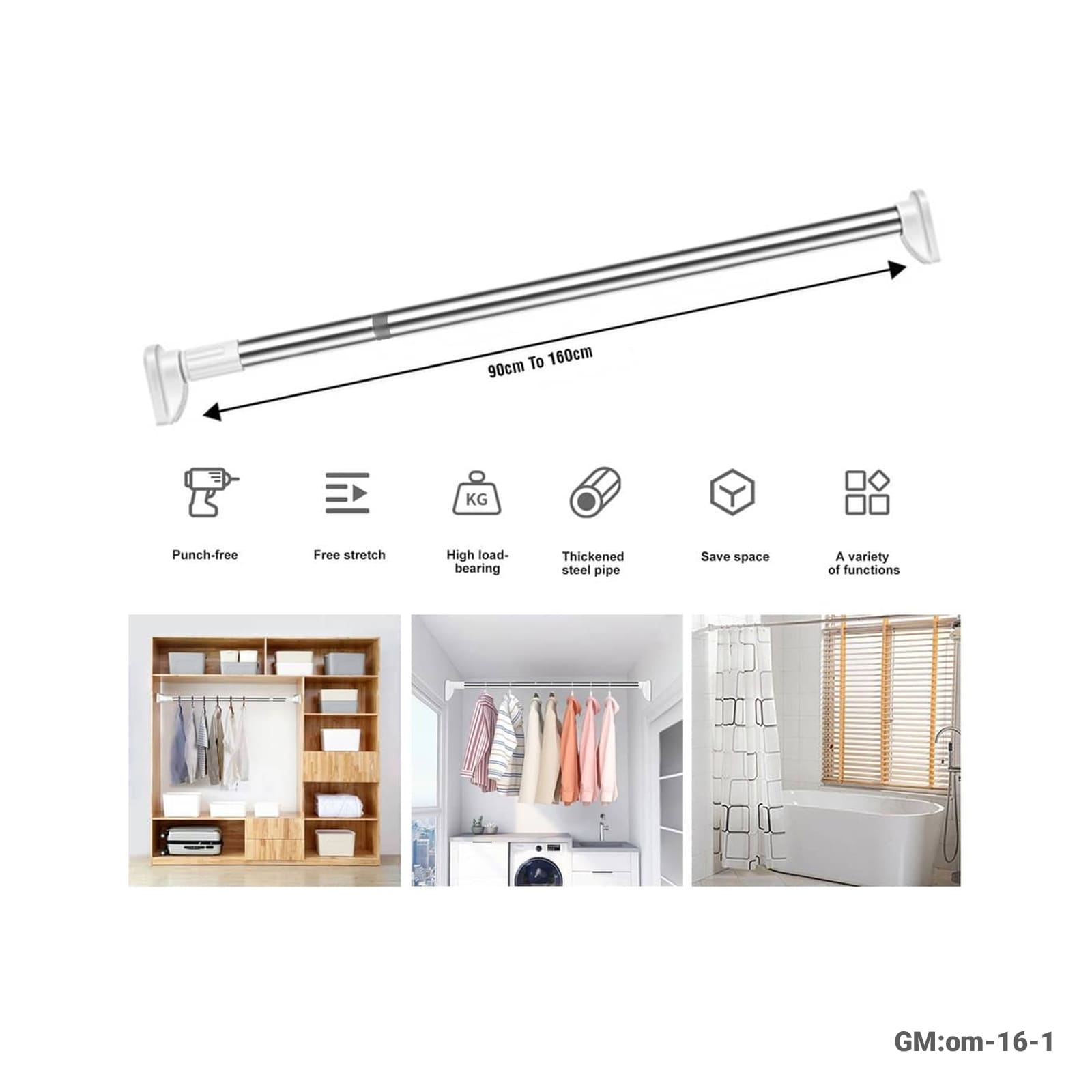 Multi-Purpose Telescopic Hanger Rod – Small, Drill-Free"om-16-1"