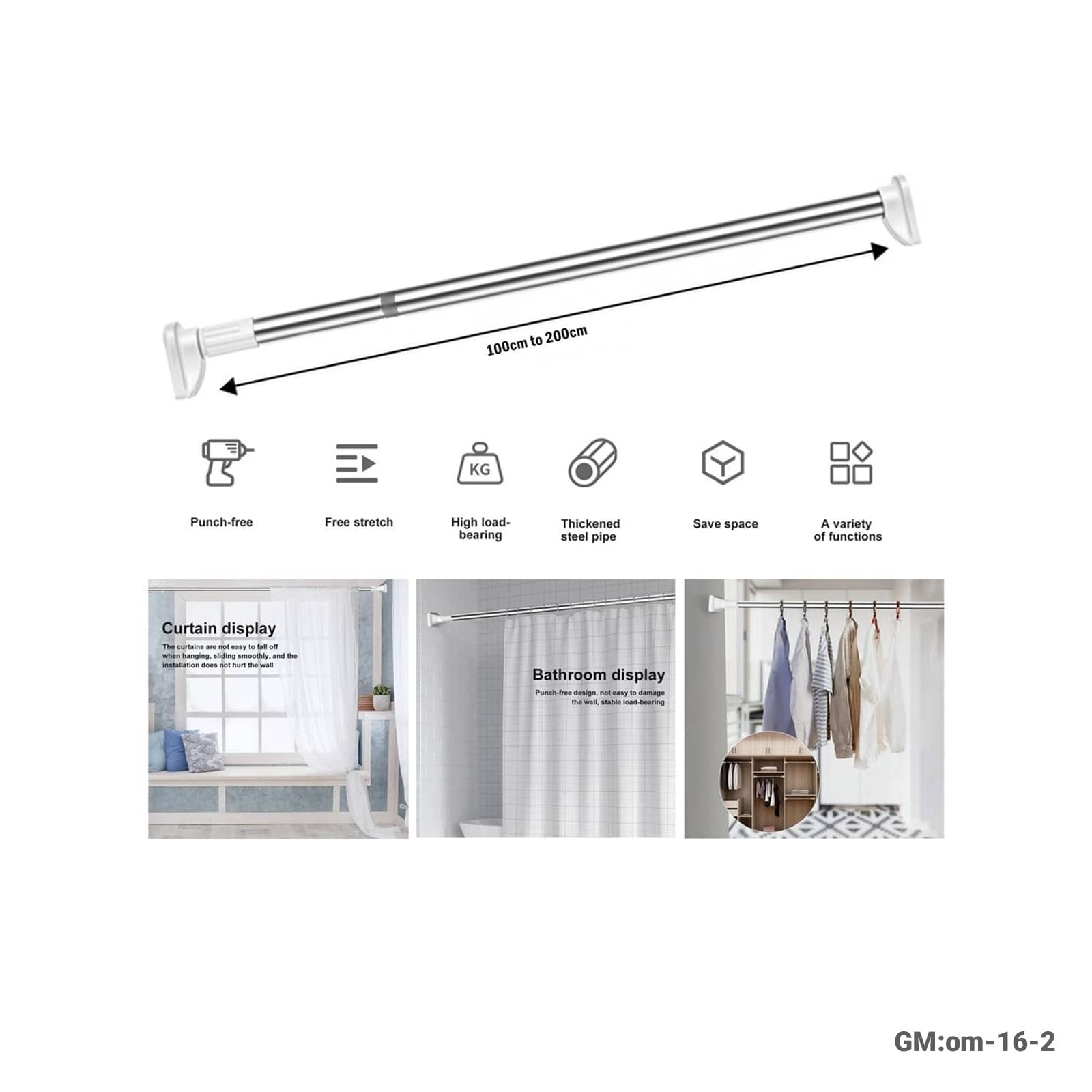 Multi-Purpose Telescopic Hanger Rod – Medium, Drill-Free "om-16-2"