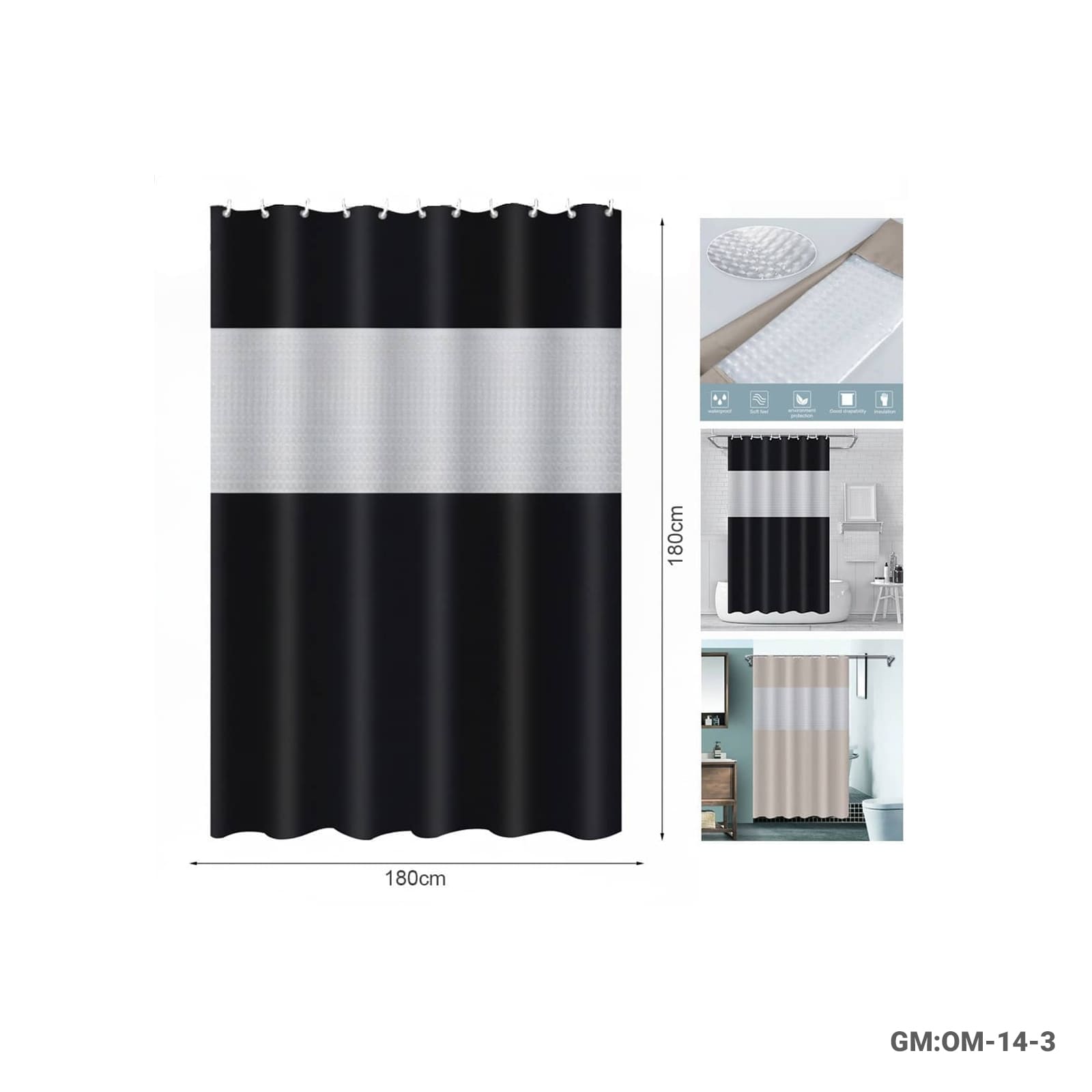 Shower Curtain with See-Through Top – Water-Repellent Privacy Curtain (Model OM-14-3)