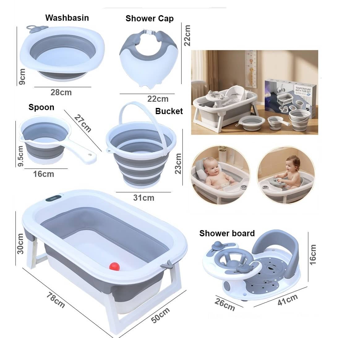 6 Piece Foldable Baby Bathtub Set with Thermometer – Complete Newborn Bath Kit (0–3 Years)