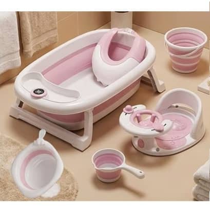 6 Piece Foldable Baby Bathtub Set with Thermometer – Premium Baby Bath Kit (0–3 Years)