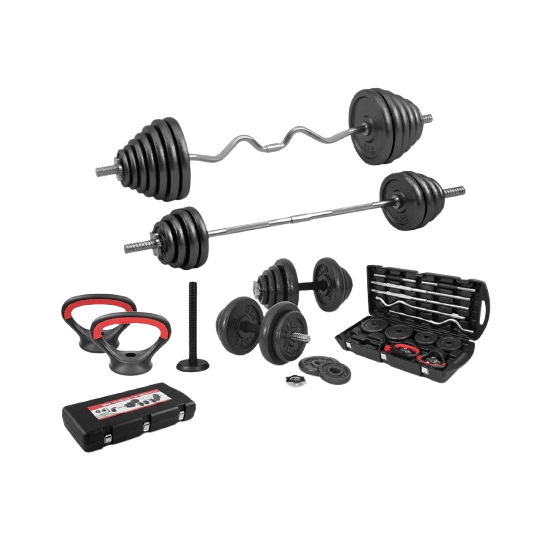 58KG Cast Iron Adjustable Barbell & Dumbbell Set – 6-in-1 Weight Training Kit with Kettlebell & Push-Up Handles