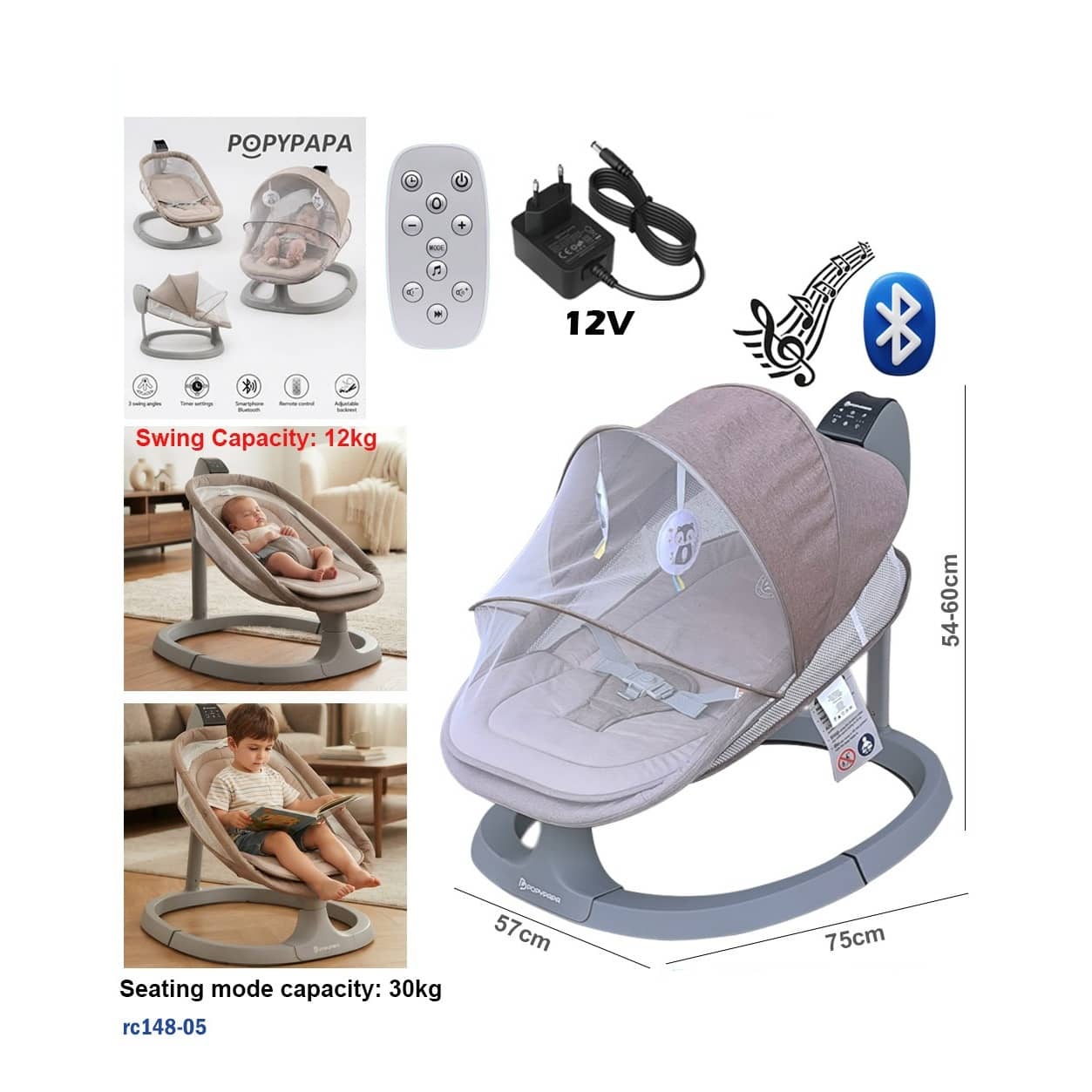 PopyPapa Electric Baby Swing & Rocker with Bluetooth, Remote Control & Mosquito Net – 0–12 Months