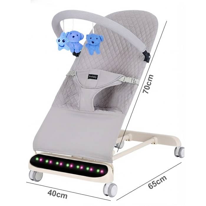 Baby LED Bouncer Chair with Music, Toy Bar & Wheels – Adjustable Reclining Baby Rocker 0–18 Months