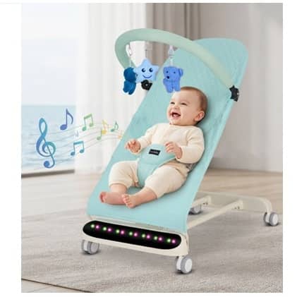 Baby LED Bouncer Chair with Music, Toy Bar & Wheels – Adjustable Reclining Baby Rocker 0–18 Months