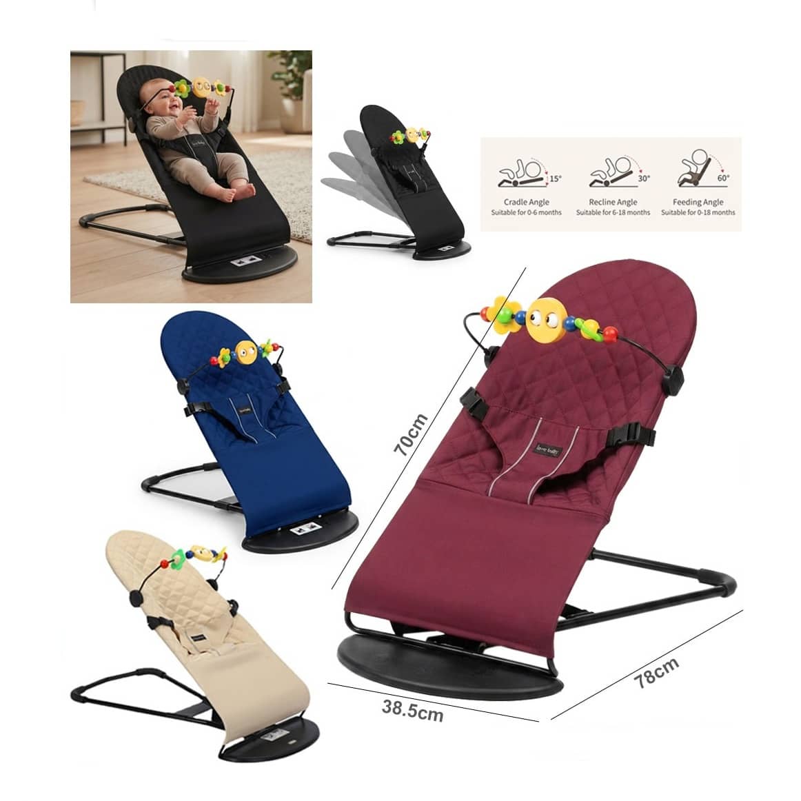 Foldable Baby Bouncer Chair with Toy Bar – Adjustable Reclining Baby Rocker 0–18 Months