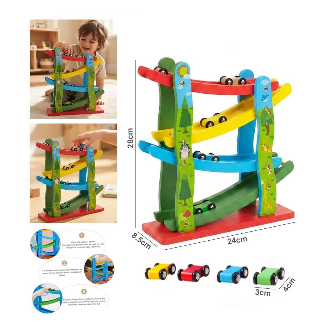 Wooden Car Race Track Slide with Roller Coaster Design – Kids Racing and Motor Skills Toy (SH295-13)