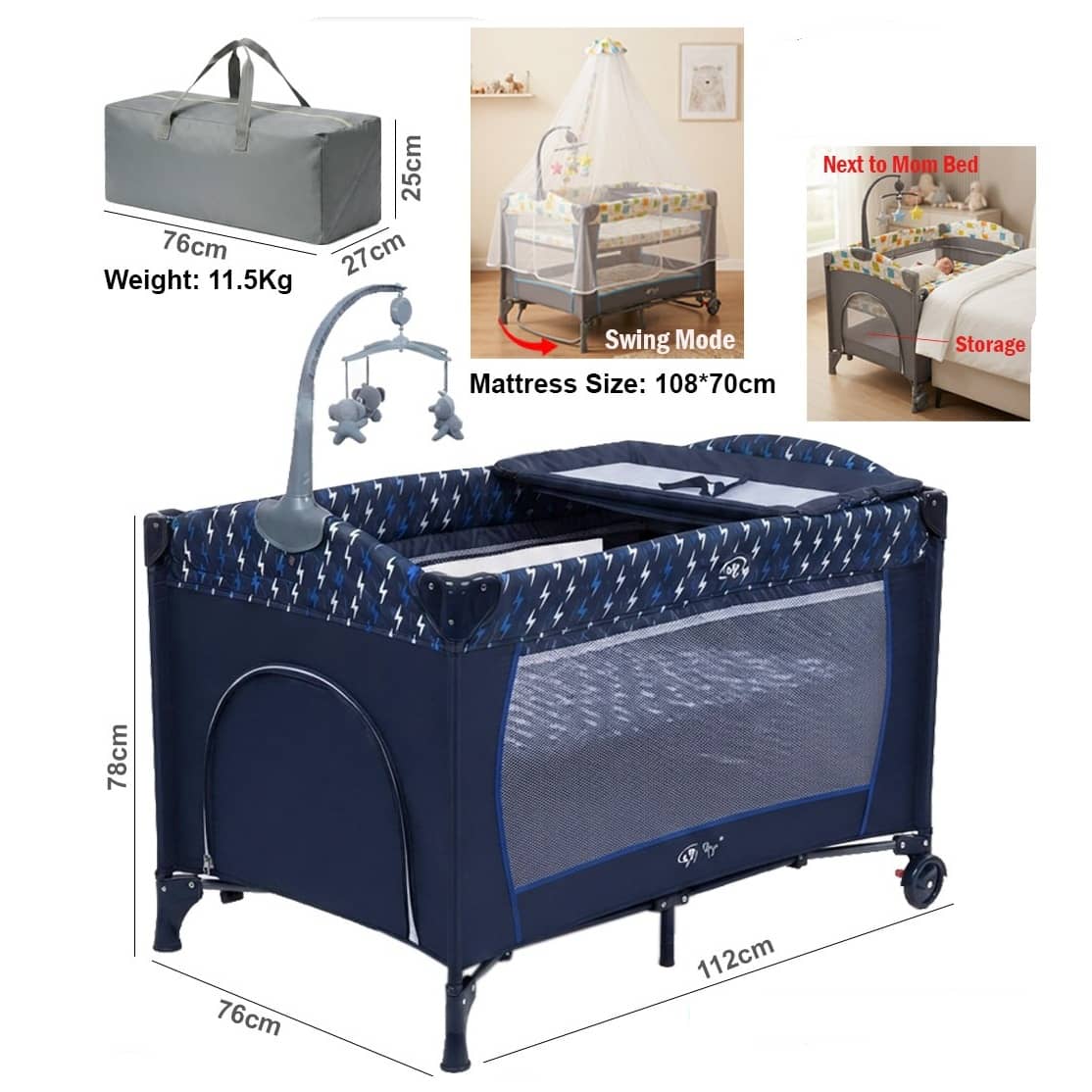 Multifunctional Baby Cradle & Playpen with Swing, Changing Table, Mosquito Net & Toys