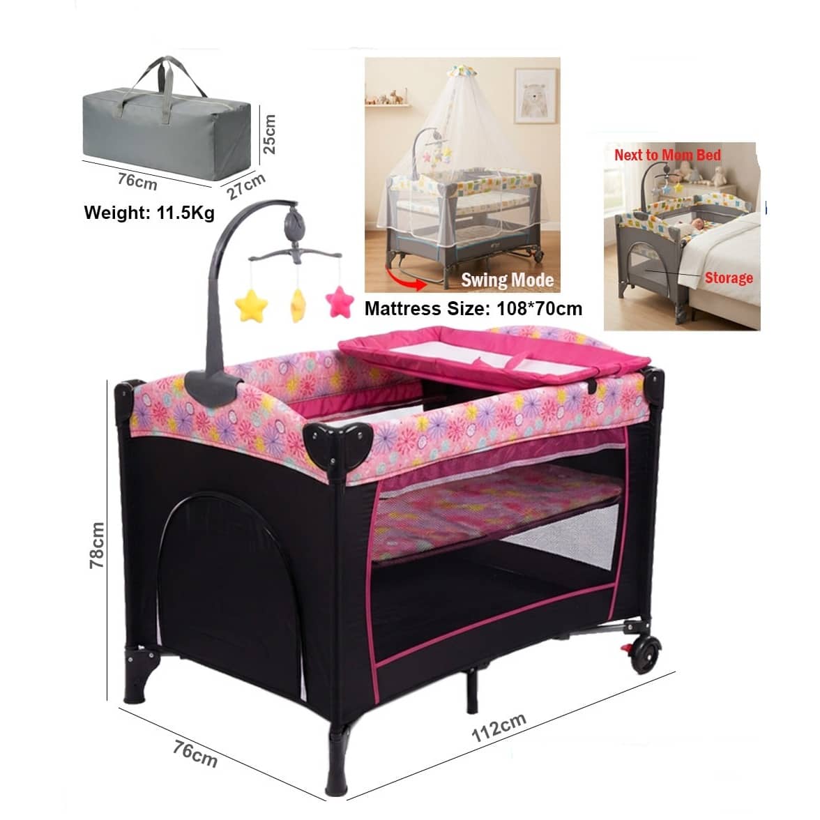 Multifunctional Baby Cradle & Playpen with Swing, Changing Table, Mosquito Net & Toys