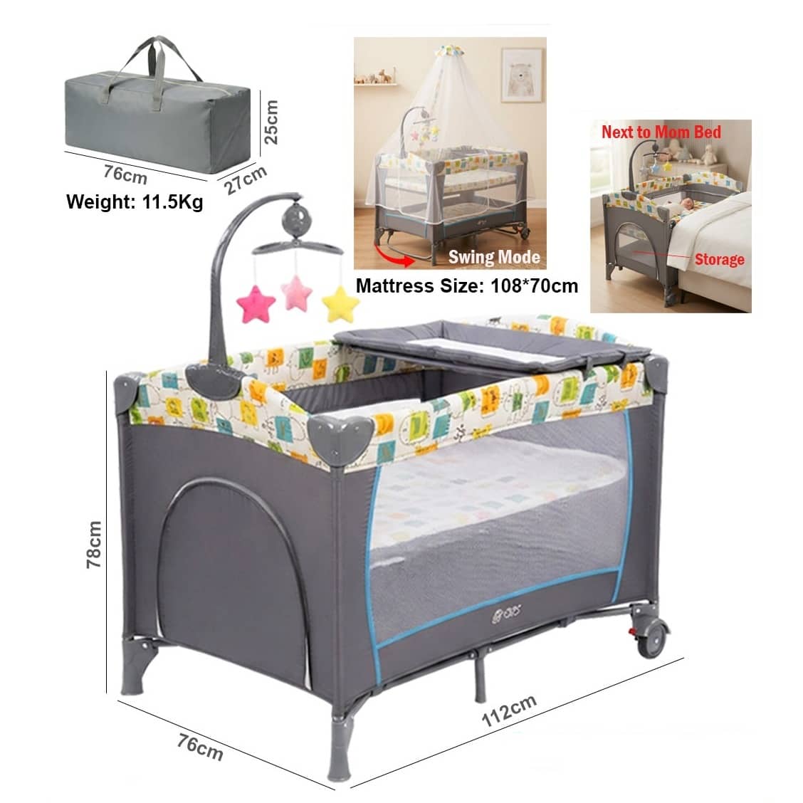 Multifunctional Baby Cradle & Playpen with Swing, Changing Table, Mosquito Net & Toys