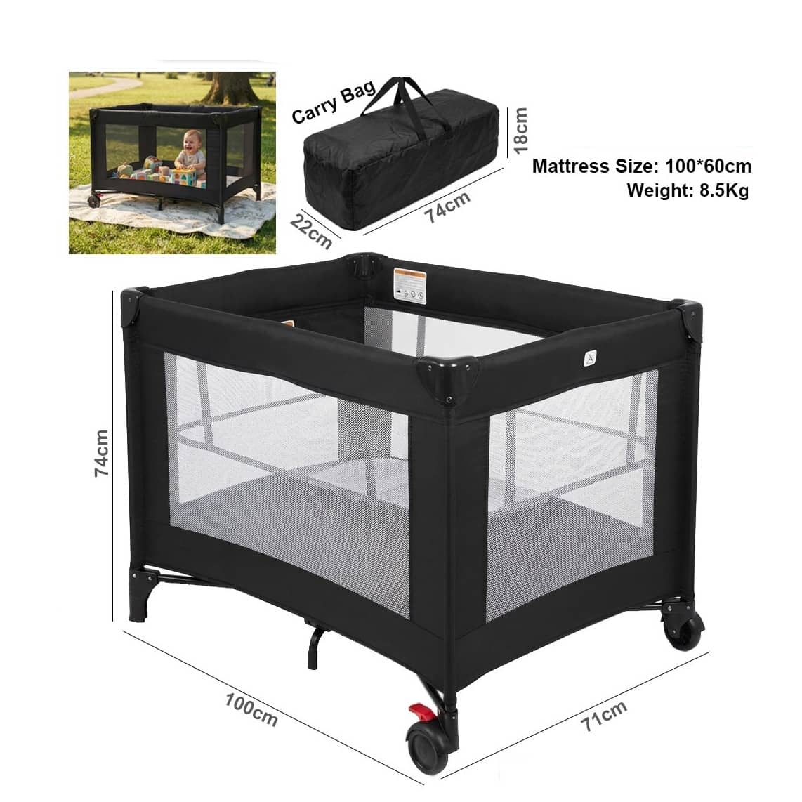 Baby Travel Cot – Foldable Portable Baby Playpen with Mesh Sides and Carry Bag (0–36 Months)
