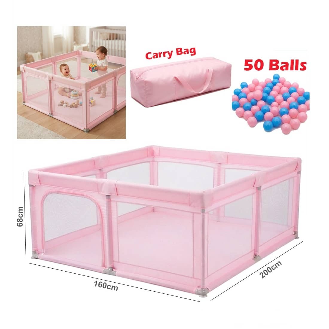 Large Baby Playpen with 50 Balls & Carry Bag – 160×200 cm Indoor & Outdoor Play Yard