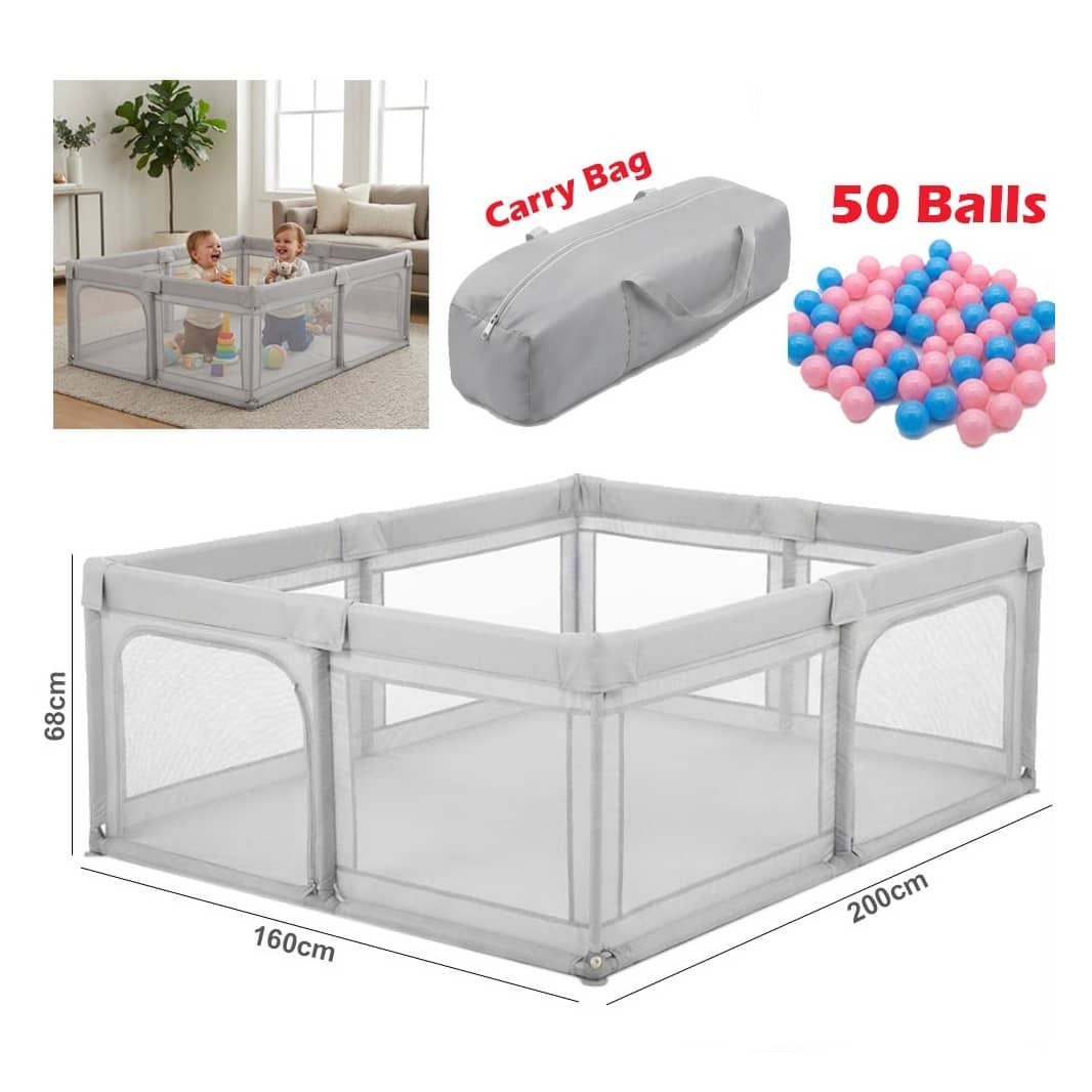 Large Baby Playpen with 50 Balls & Carry Bag – 160×200 cm Indoor & Outdoor Play Yard