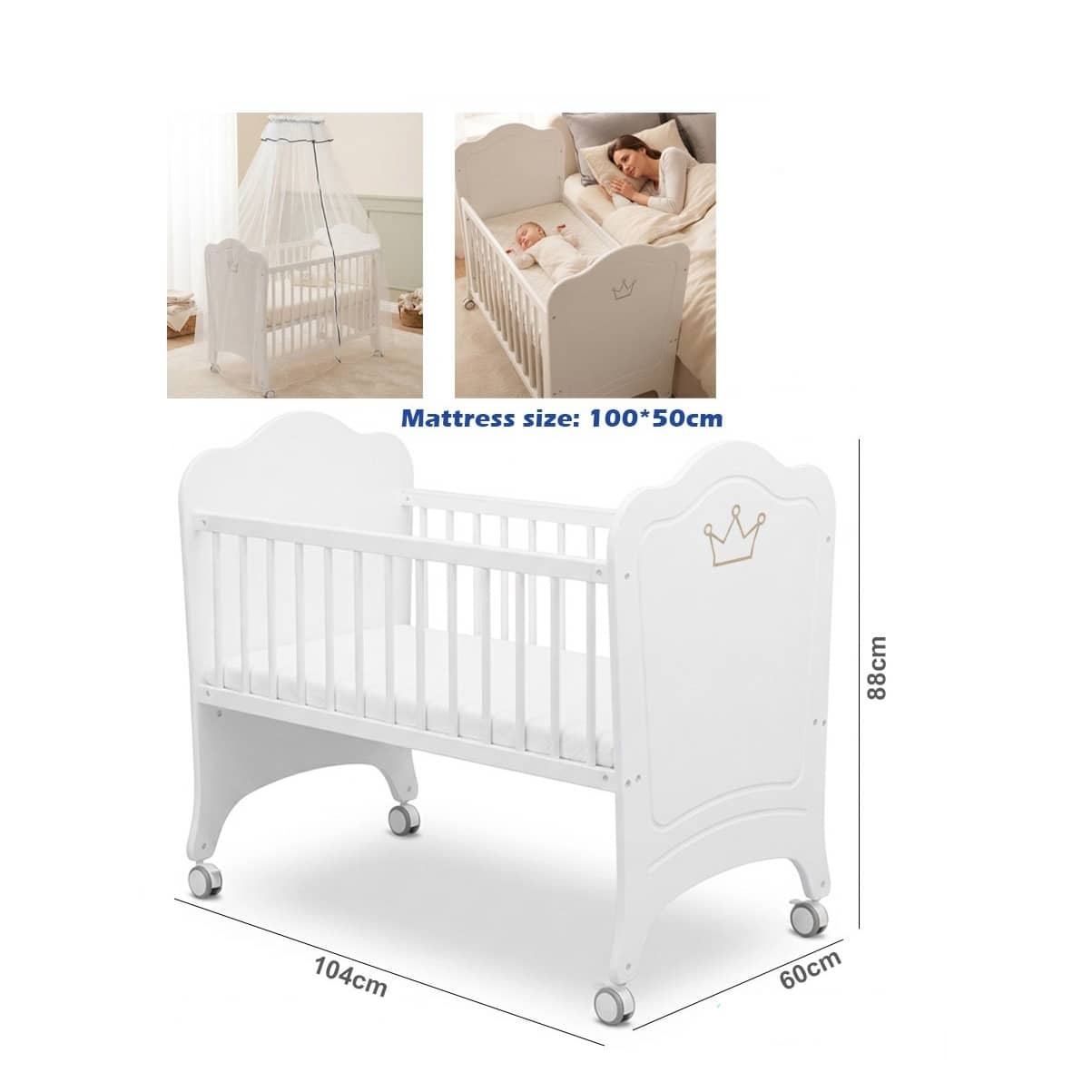 Wooden Baby Cot with Wheels, Safety Rails & 100 × 50 cm Mattress Size – 0–2 Years