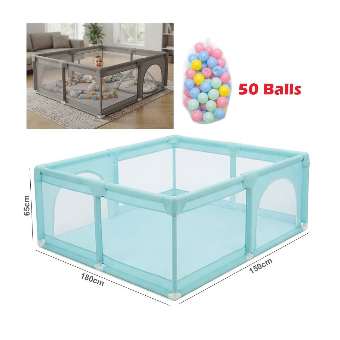 Large Baby Playpen with 50 Balls – Indoor & Outdoor Breathable Mesh Play Yard 180 × 150 cm