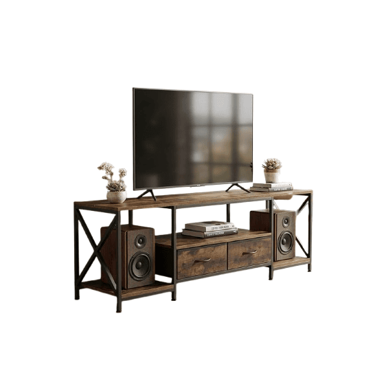 Industrial TV Stand with Open Shelves & 2 Fabric Drawers – 160 cm