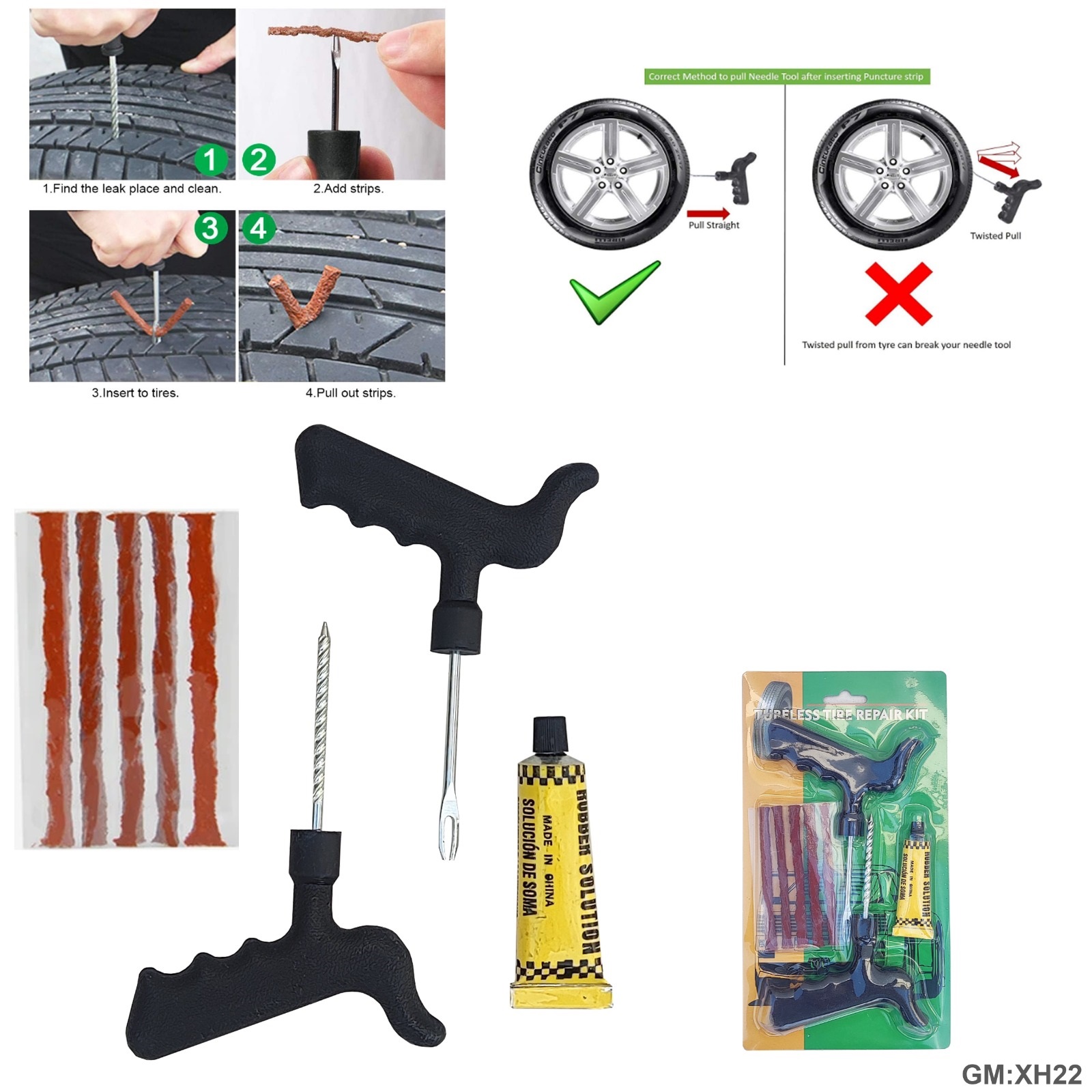 مجموعة إصلاح طوارئ لثقوب الإطارات اللاهوائية بخمسة أشرطة مانعة للتسرب "xh22"