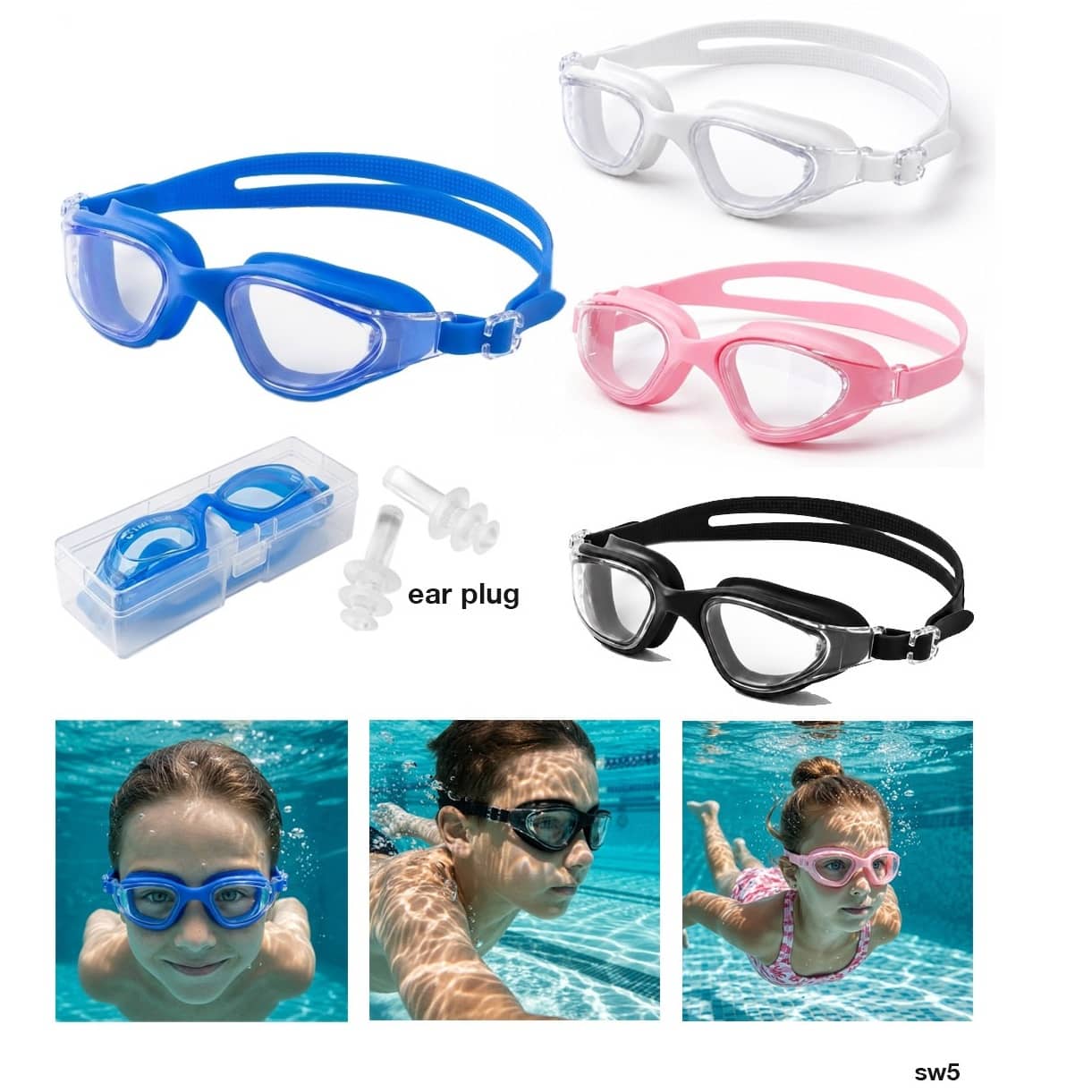 Kids & Teens Anti-Fog UV Shield Swimming Goggles with Earplugs