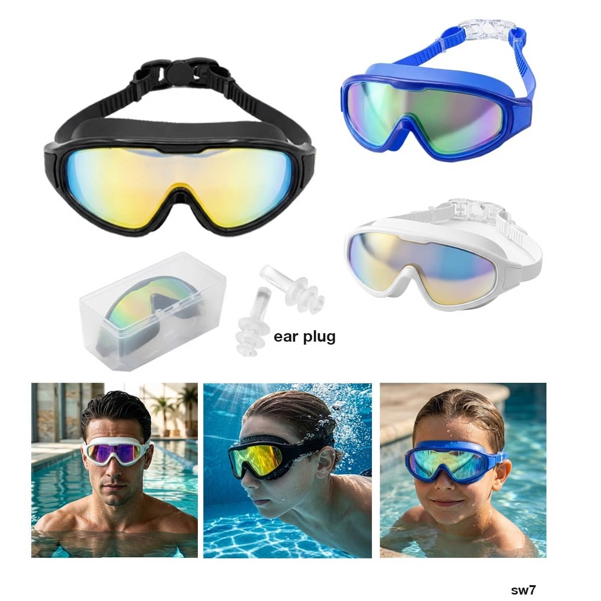 Wide-View Anti-Fog UV Shield Swimming Goggles with Earplugs