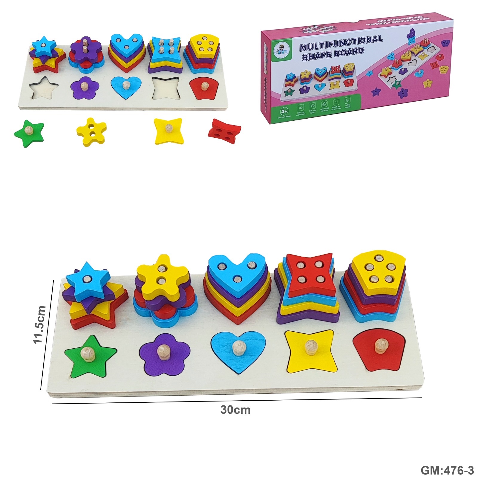 Wooden Geometric Puzzles Stacking Game, Colours and Shape Sorting  "476-3"