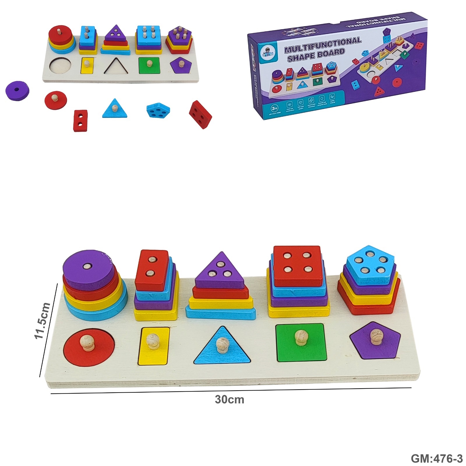 Wooden Geometric Puzzles Stacking Game, Colours and Shape Sorting  "476-3"
