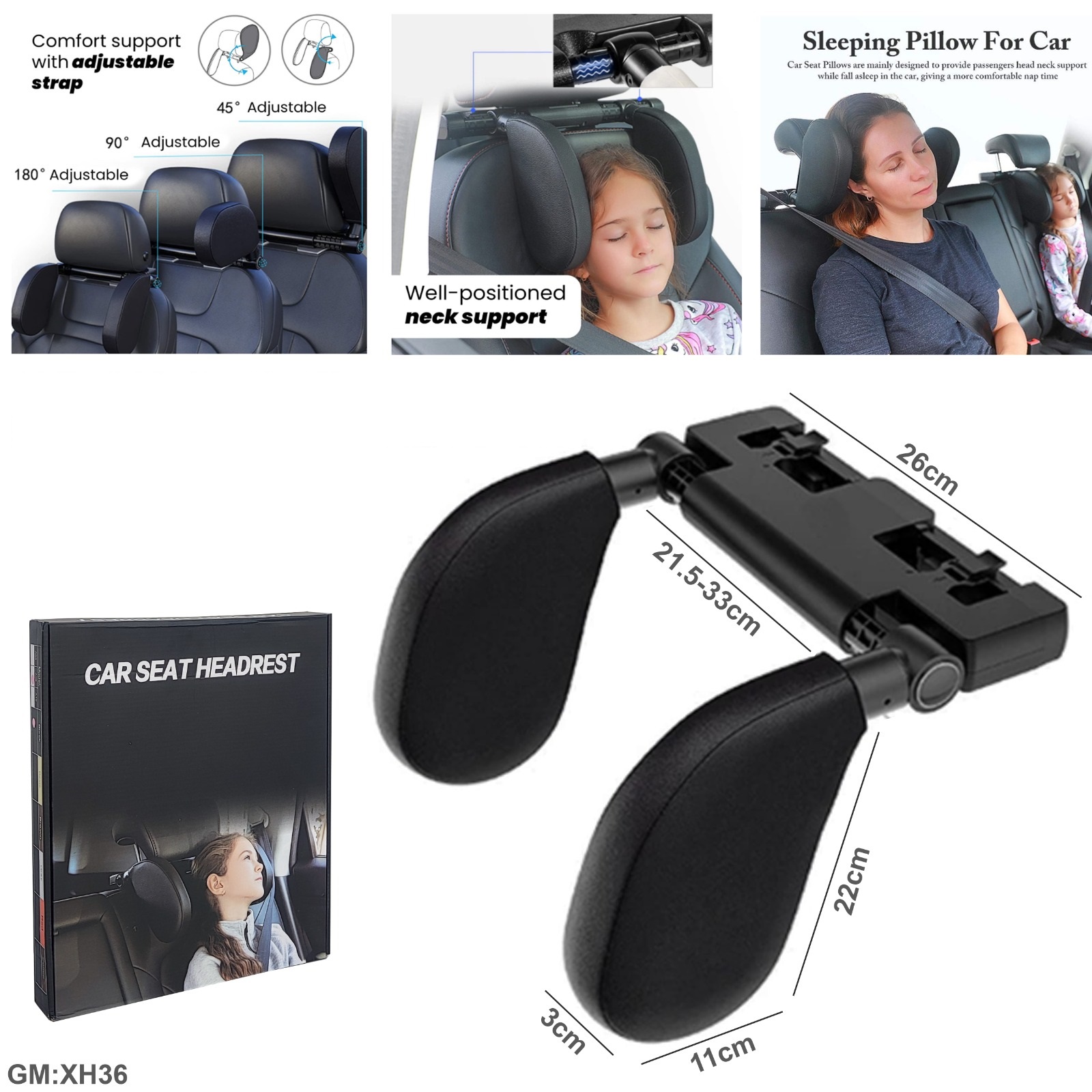 Adjustable Car Seat Headrest Pillow, Head Neck Support Sleeping Cushion "xh36"