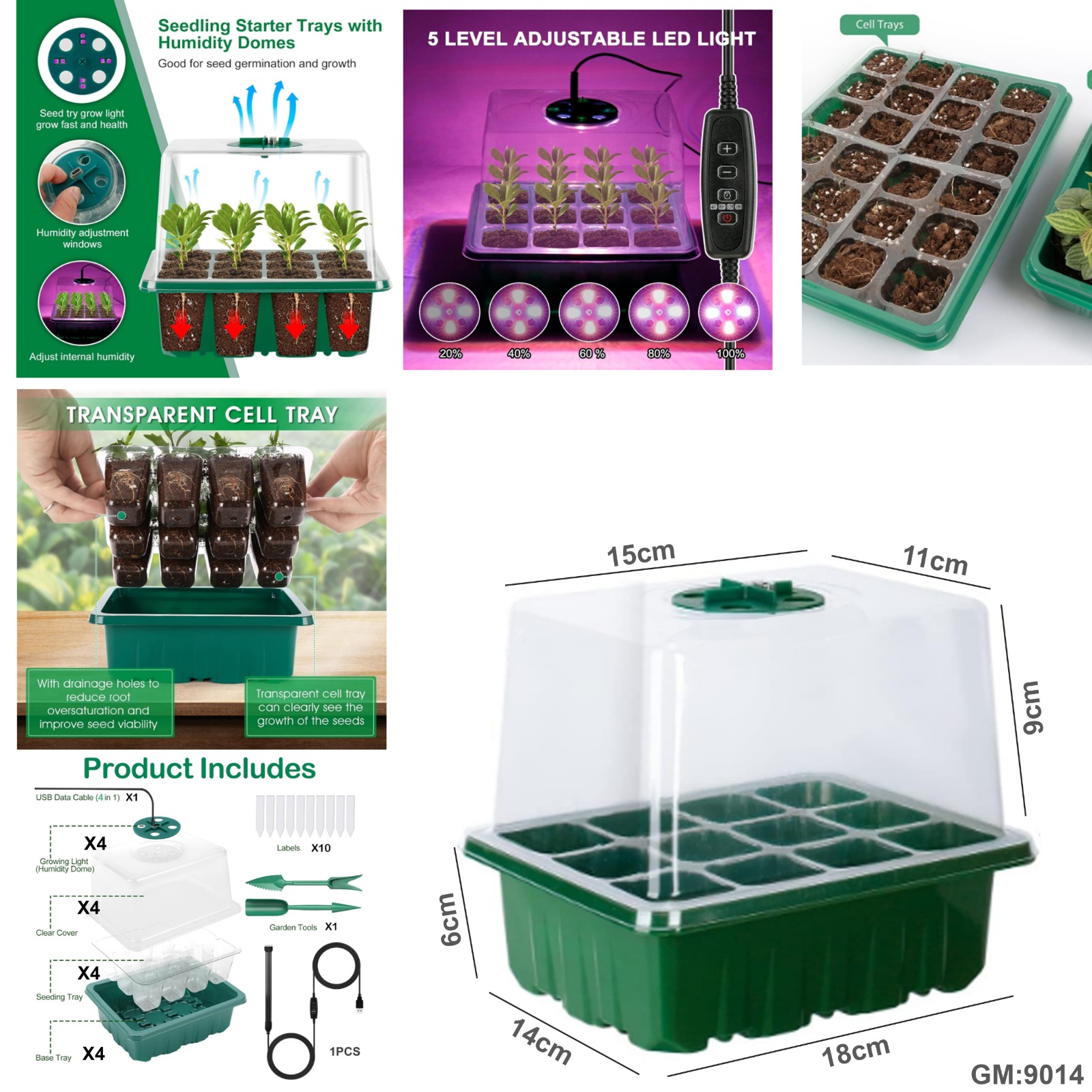 4 قطع لوح تشغيل بذور مع ضوء نمو، توقيت تحكم، قبب رطوبة مجموعة "9014"