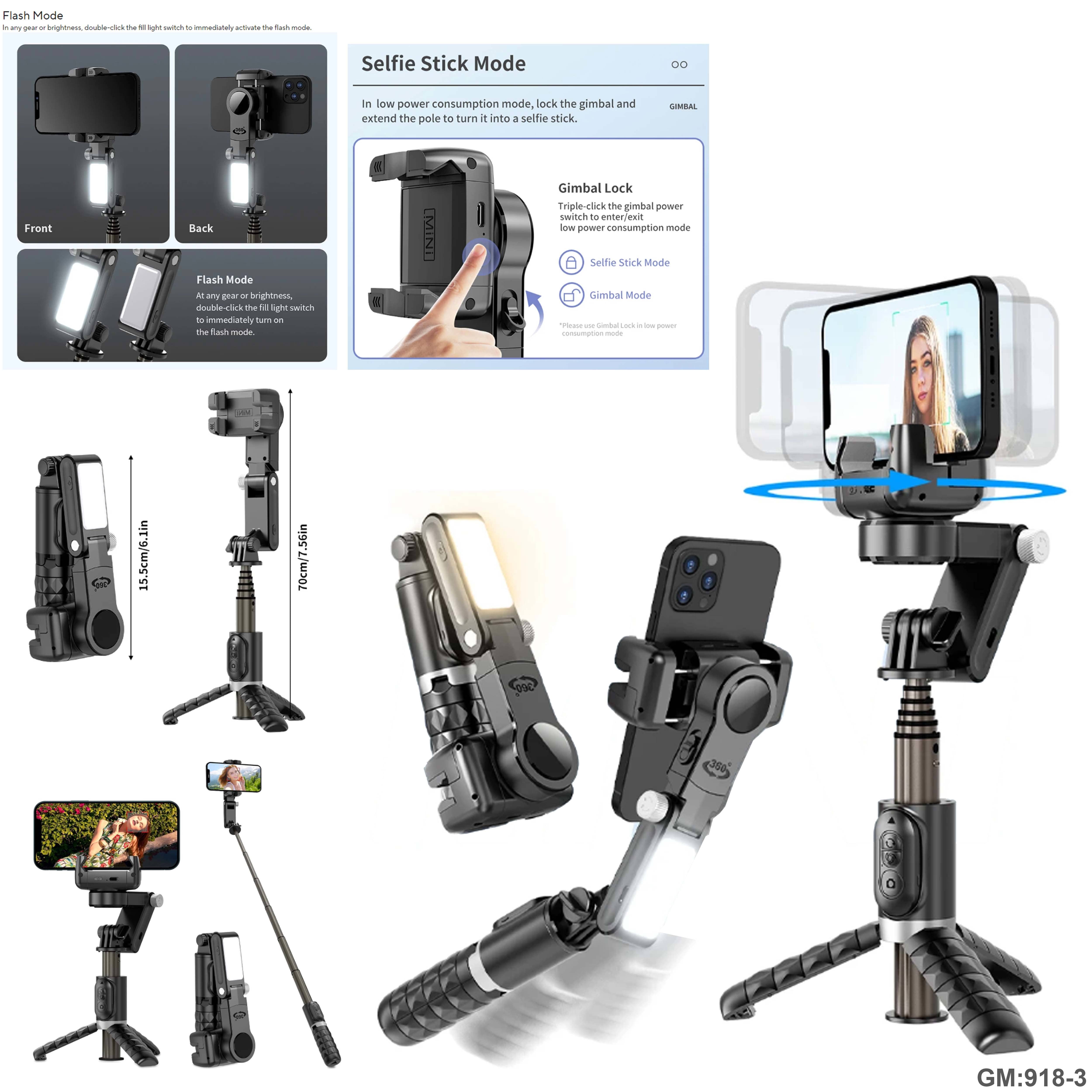 ثابت جيمبال مع قاعدة 360° دوران - عصا سيلفي مع حامل ثلاثي "918-3"