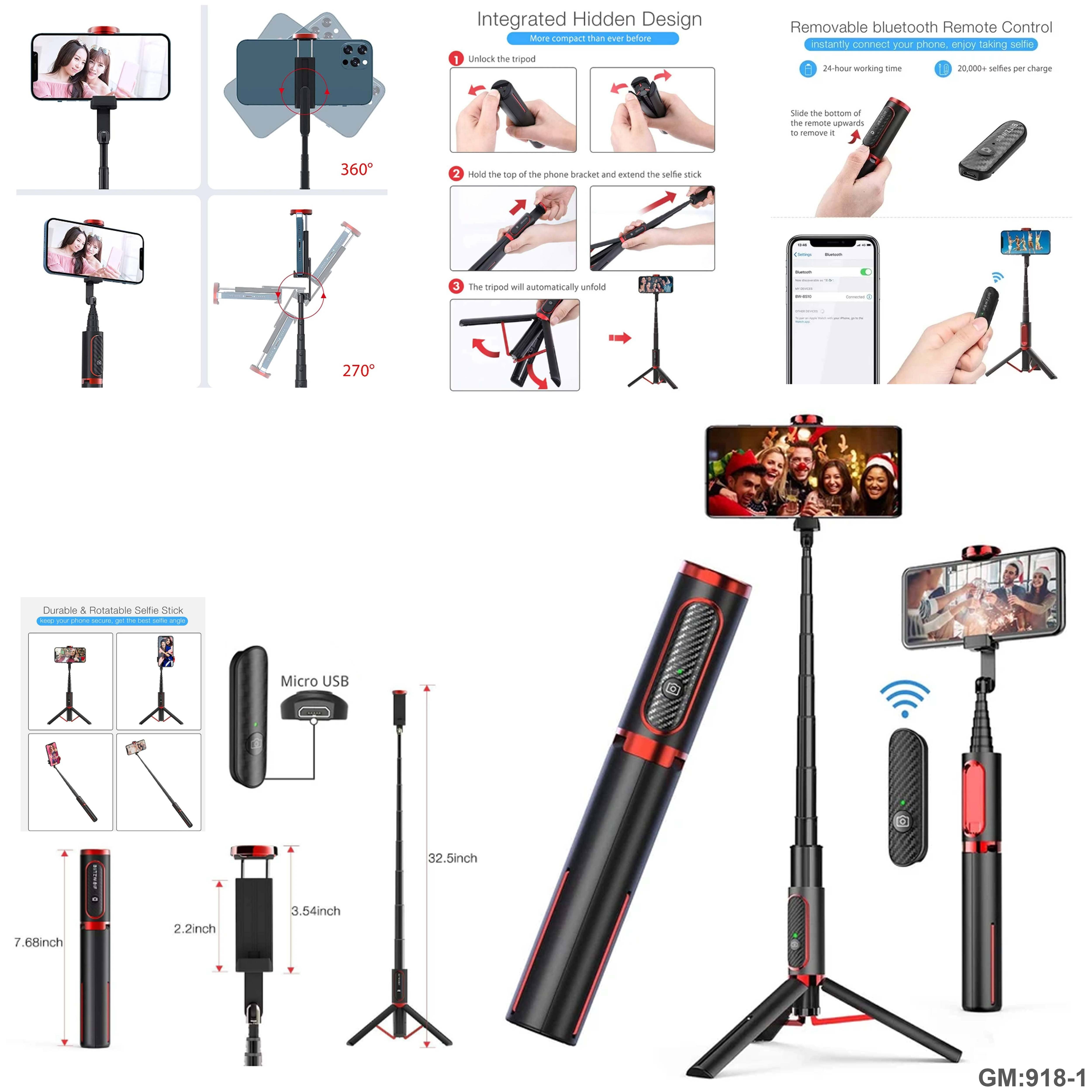 عصا تصوير السيلفي اللاسلكية الذاتية الممتدة من الألومنيوم مع تحكم بلوتوث لاسلكي "918-1"